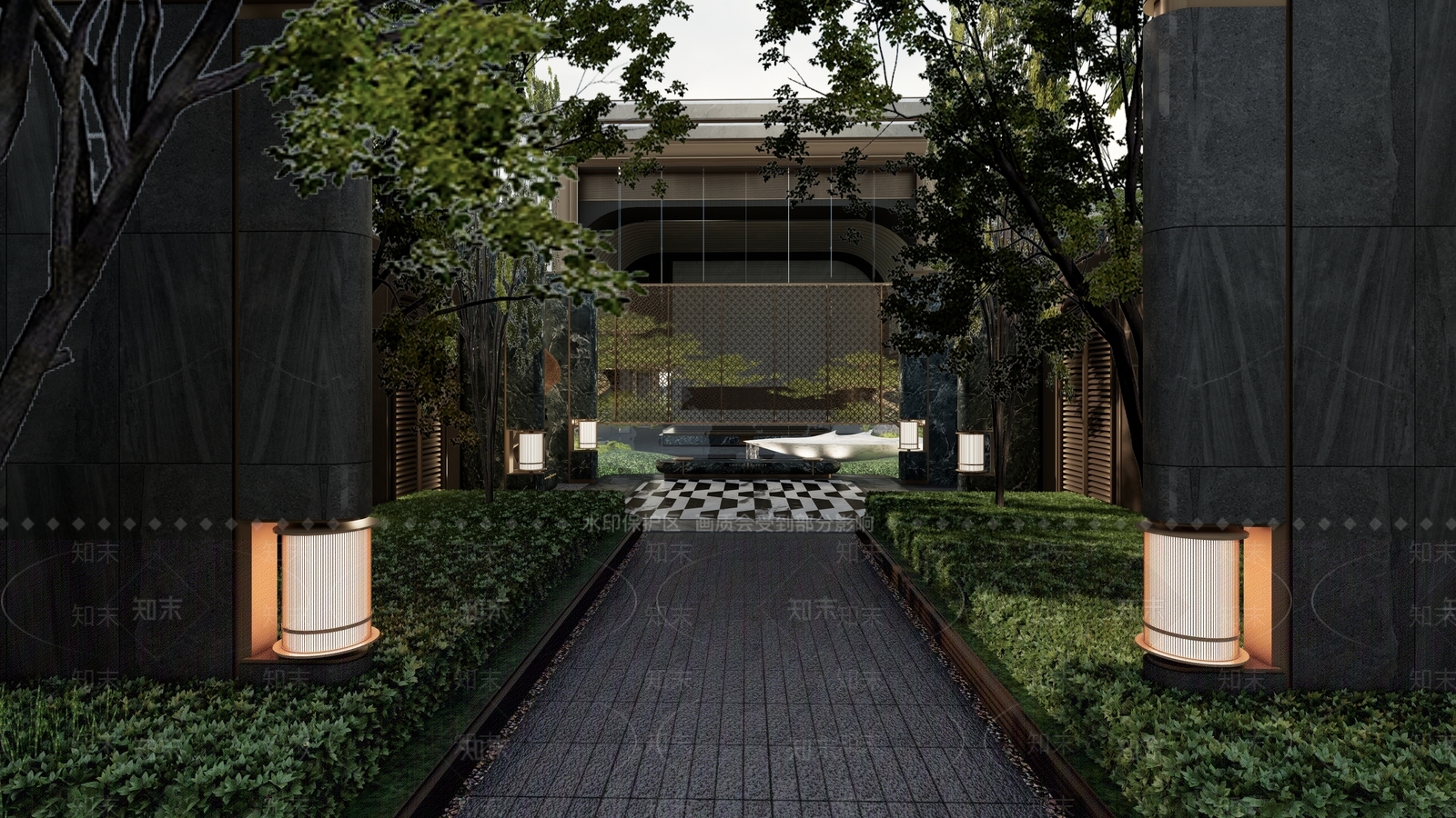 复古轻奢小区景观SU模型下载【ID:1187762739】