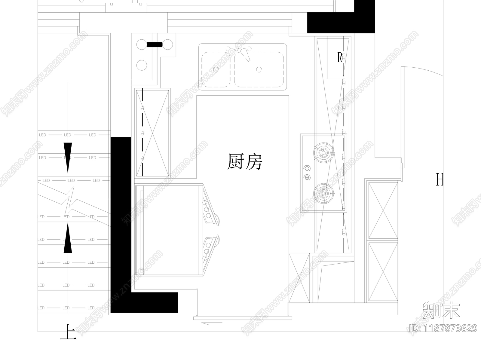 现代厨房cad施工图下载【ID:1187873629】