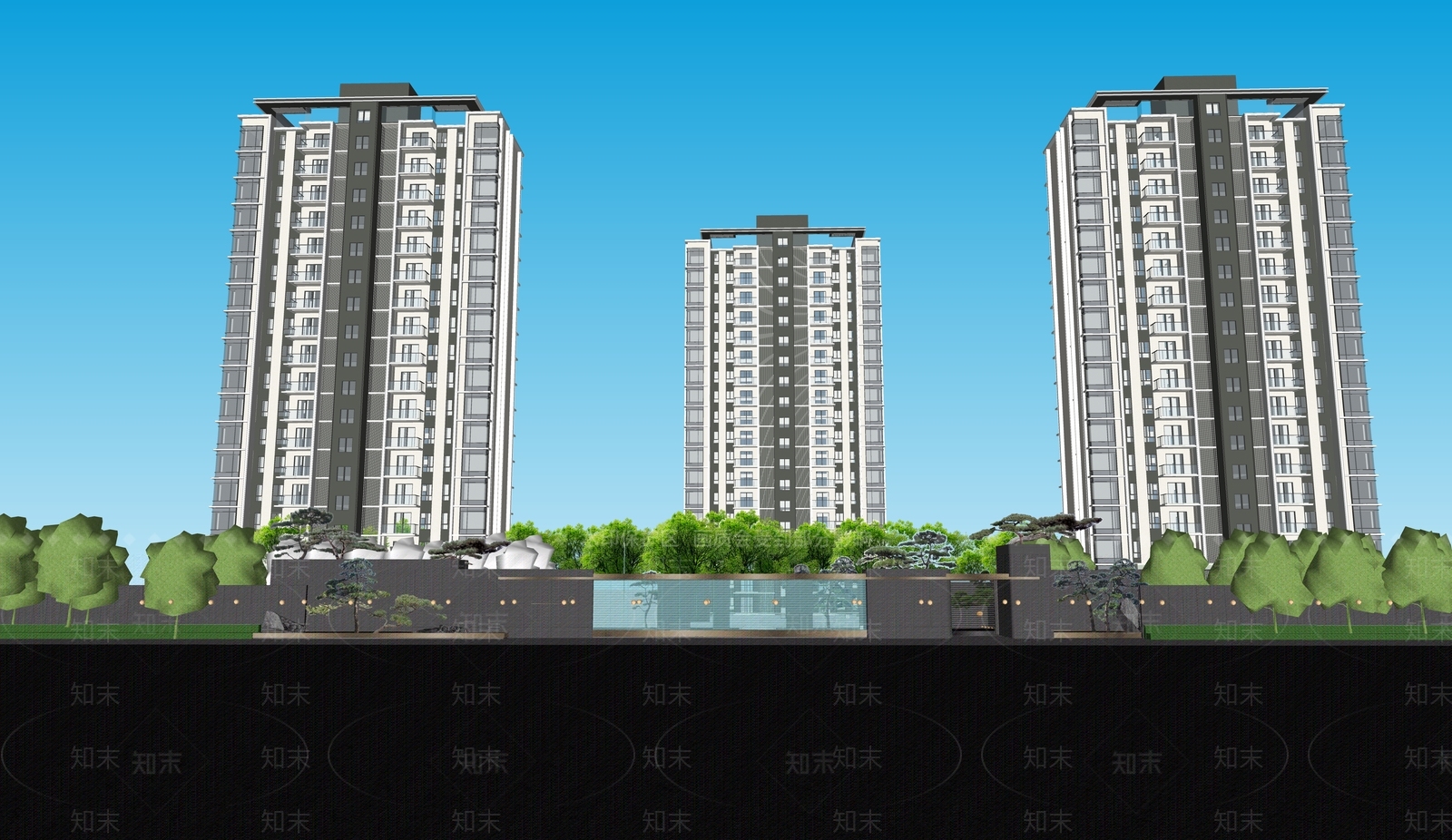 现代新中式小区景观SU模型下载【ID:1187888022】