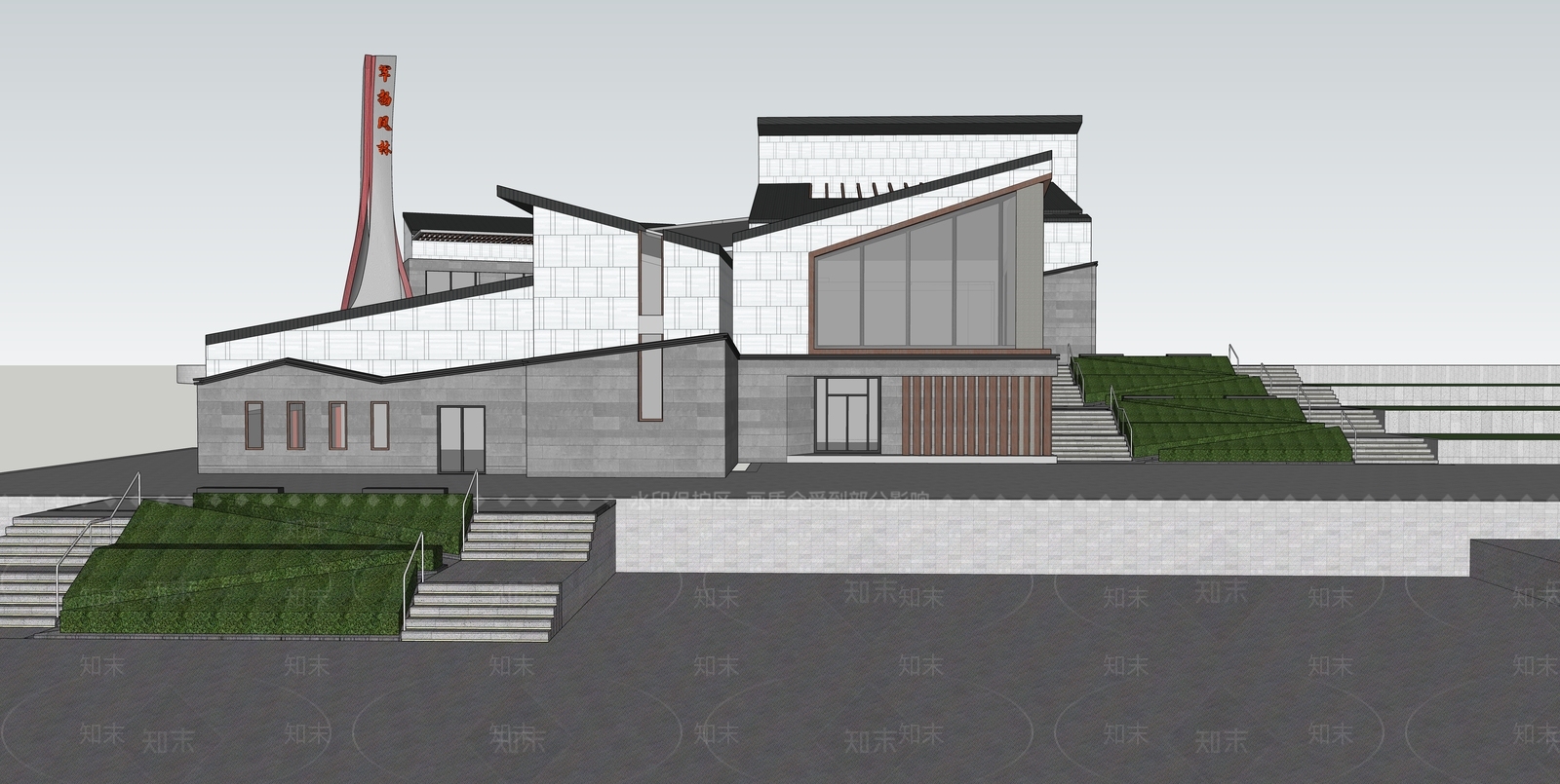 新中式展览馆建筑SU模型下载【ID:1187892493】