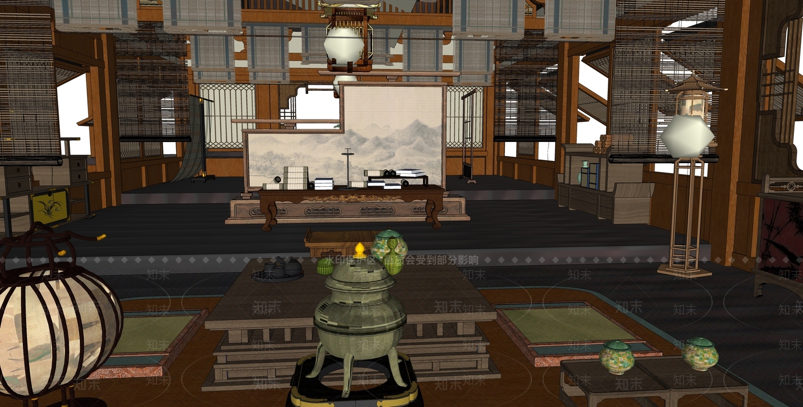 中式挑空客厅SU模型下载【ID:1222286420】