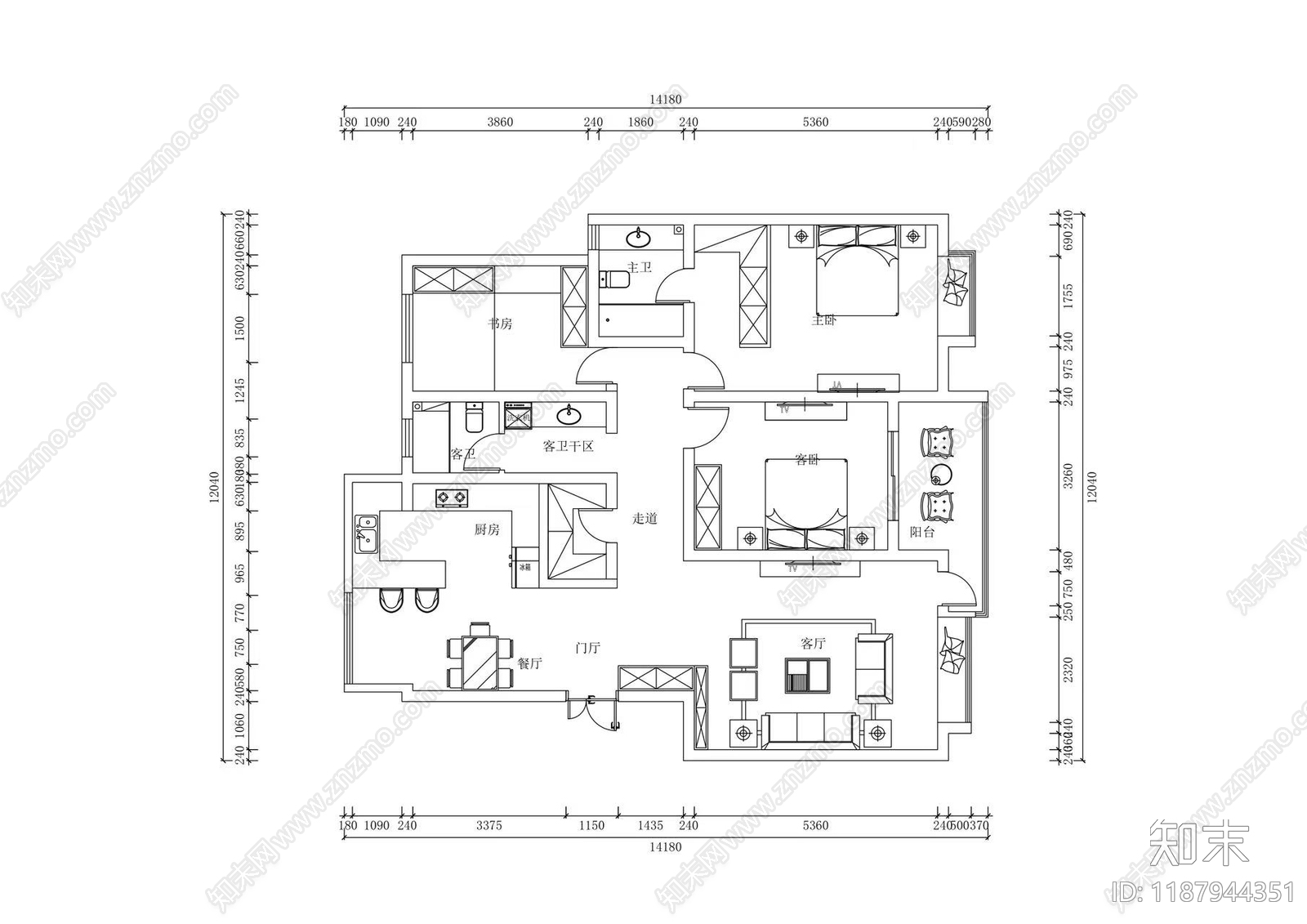 现代简约家150㎡三居室施工图下载【ID:1187944351】