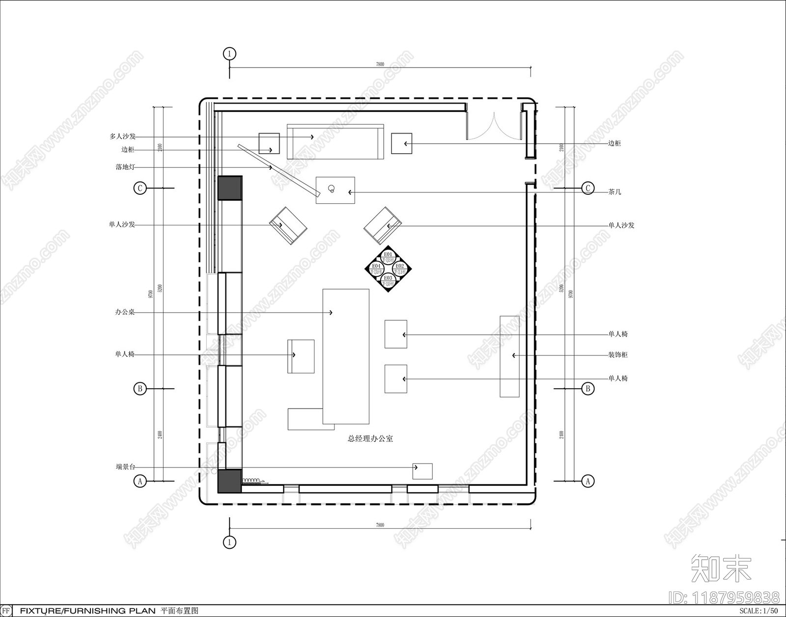 现代独立办公室cad施工图下载【ID:1187959838】