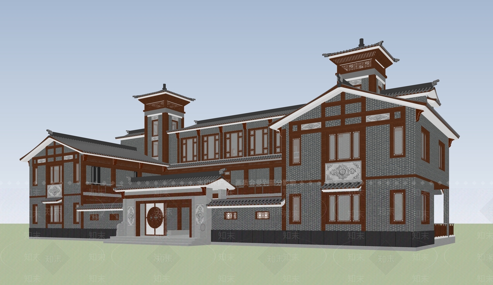 新中式中式展览馆建筑SU模型下载【ID:1187973546】