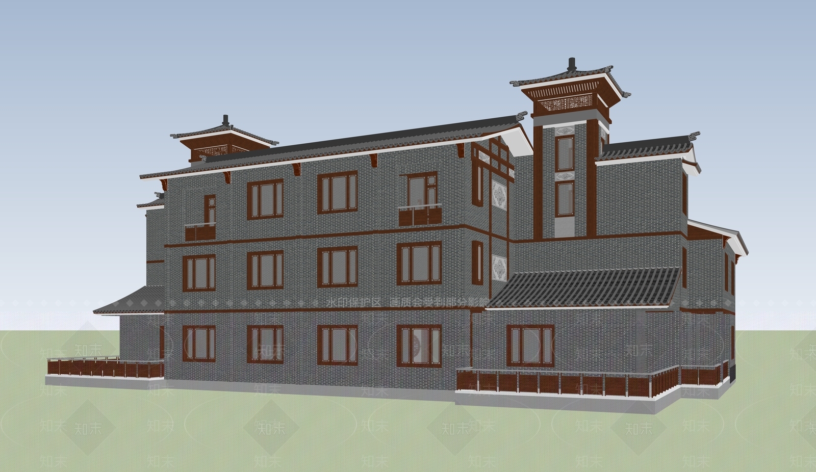 新中式中式展览馆建筑SU模型下载【ID:1187973546】