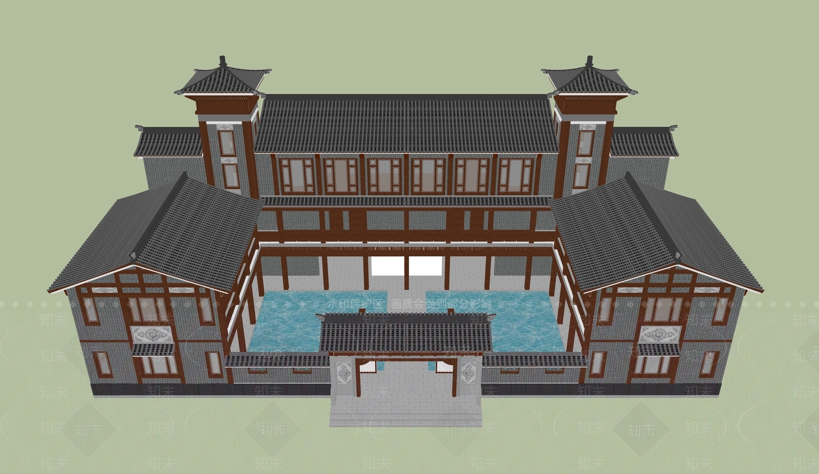 新中式中式展览馆建筑SU模型下载【ID:1187973546】