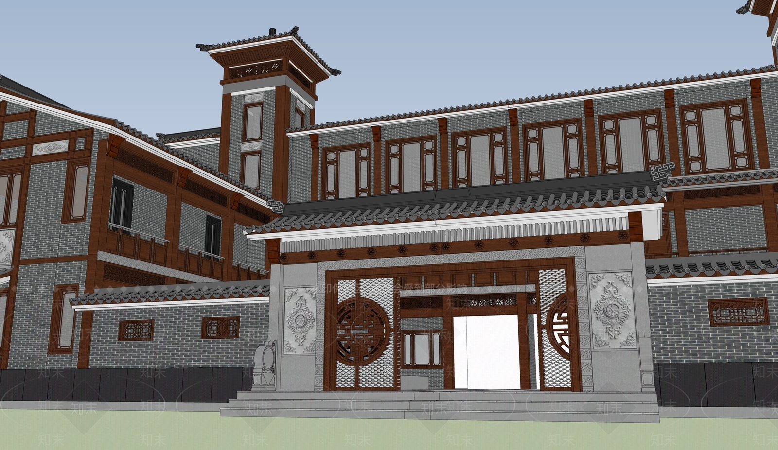 新中式中式展览馆建筑SU模型下载【ID:1187973546】
