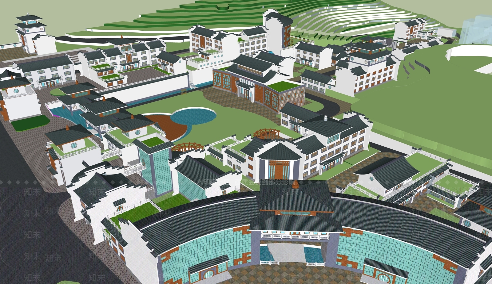 现代新中式学校建筑SU模型下载【ID:1187976272】