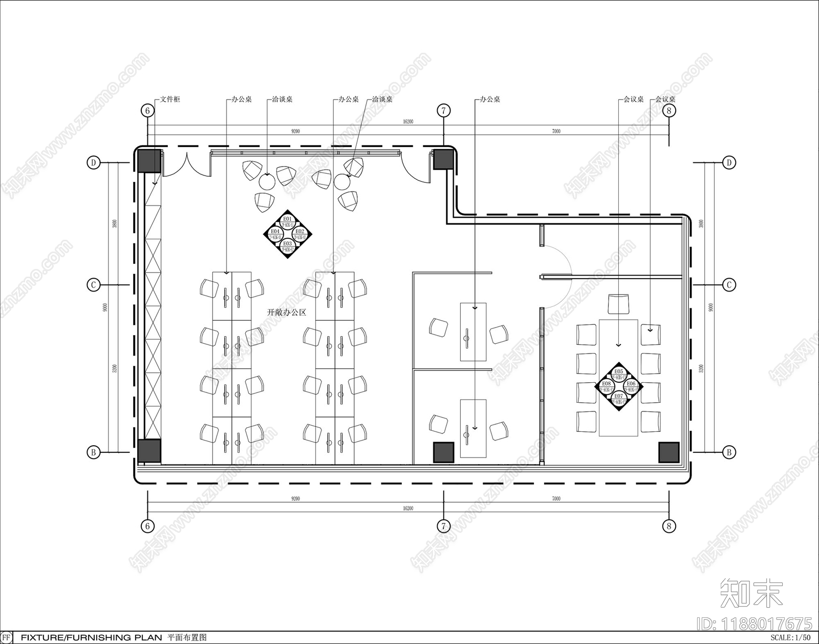 现代开放办公室cad施工图下载【ID:1188017675】