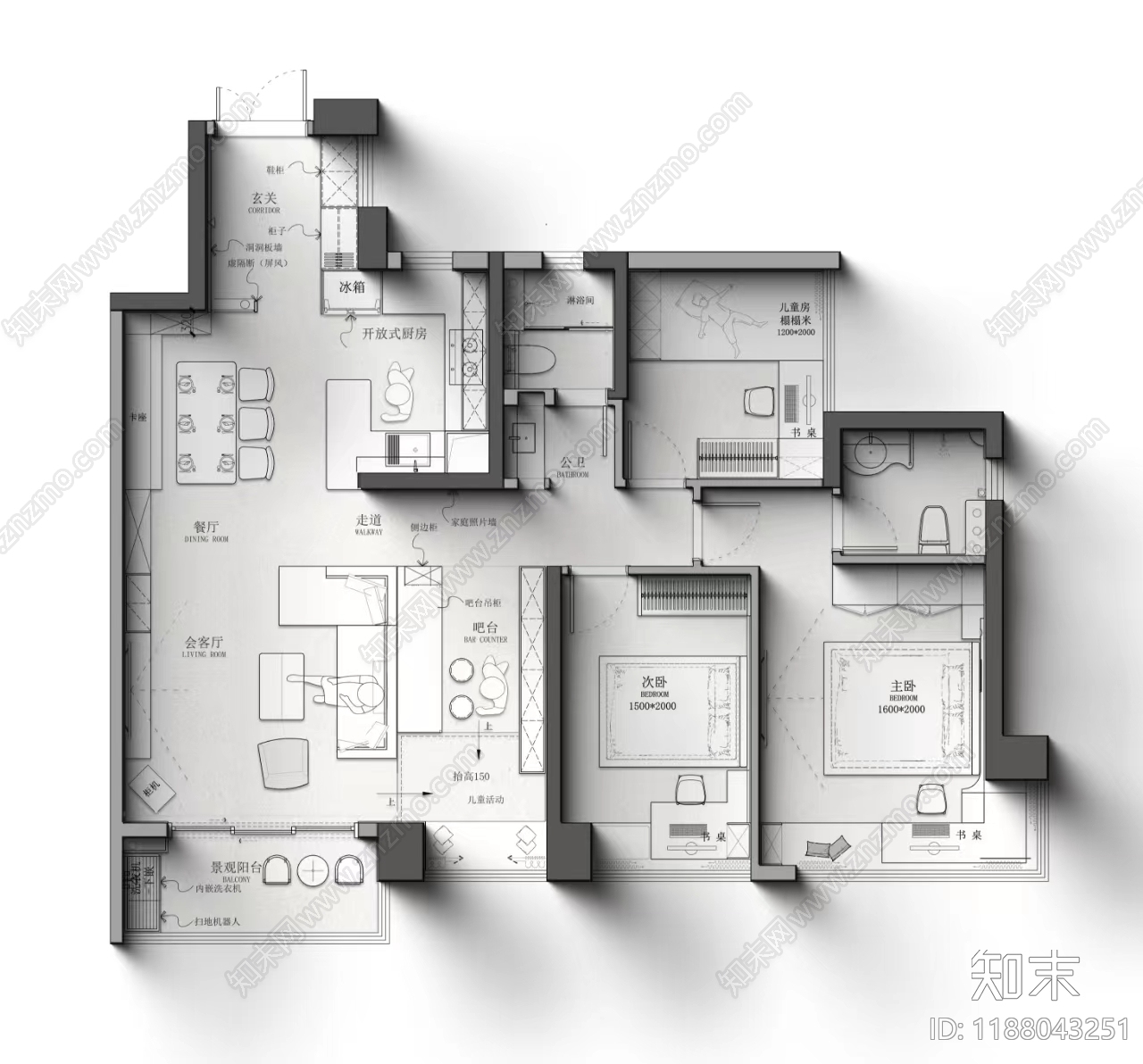 小户型平层施工图下载【ID:1188043251】