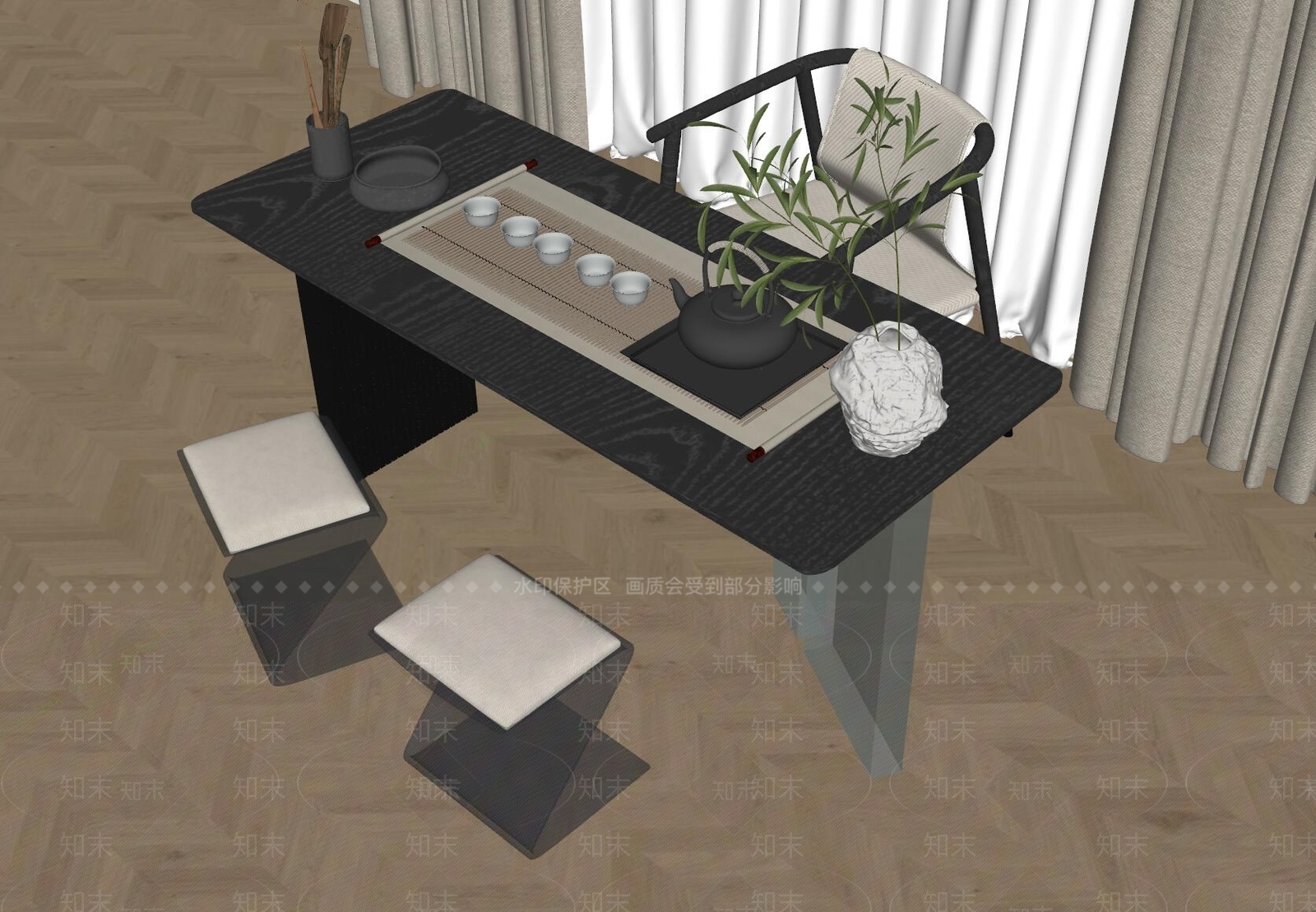 新中式中古茶桌椅SU模型下载【ID:1188043361】