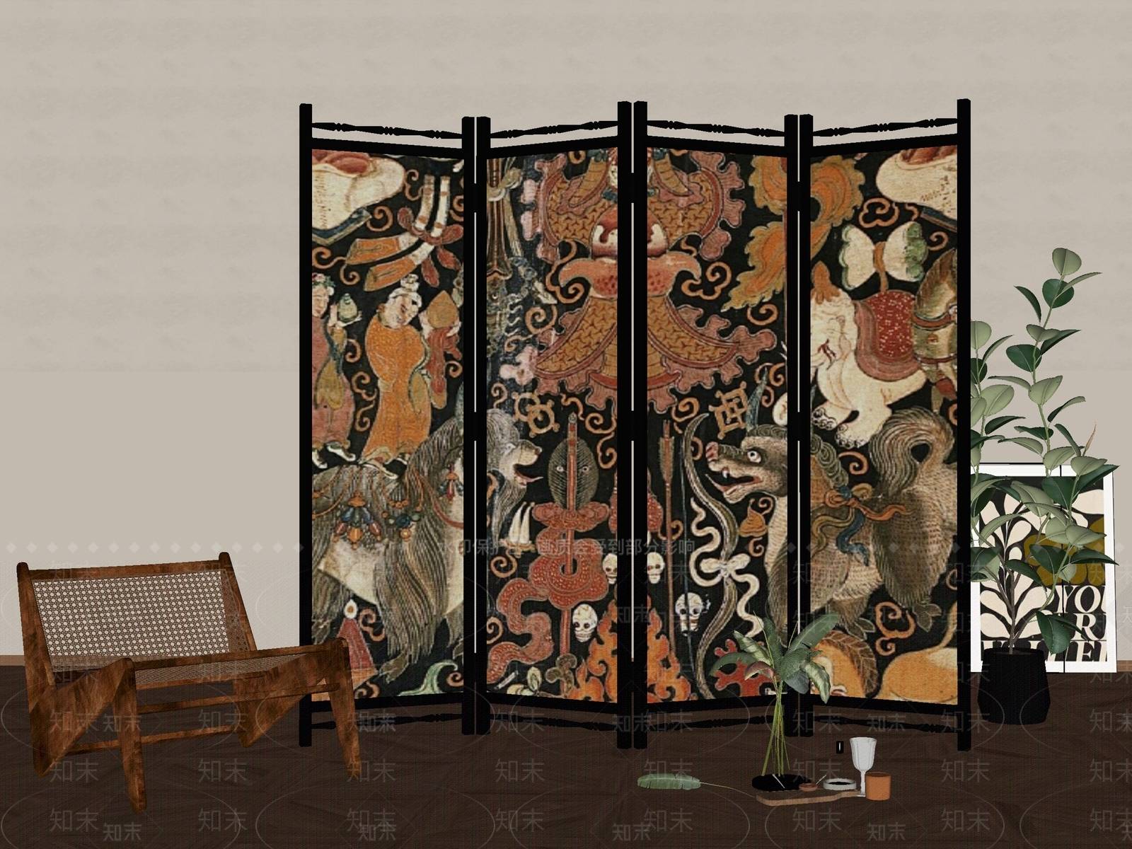 美式中古屏风SU模型下载【ID:1188088457】
