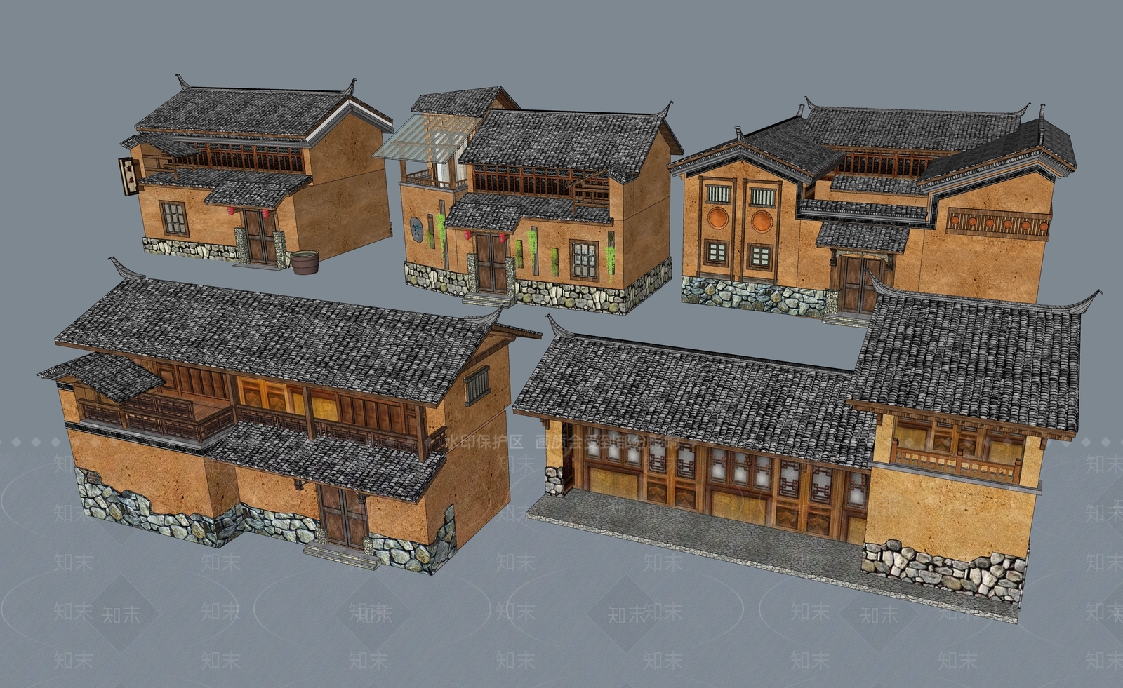 新中式民宿建筑SU模型下载【ID:1188093889】