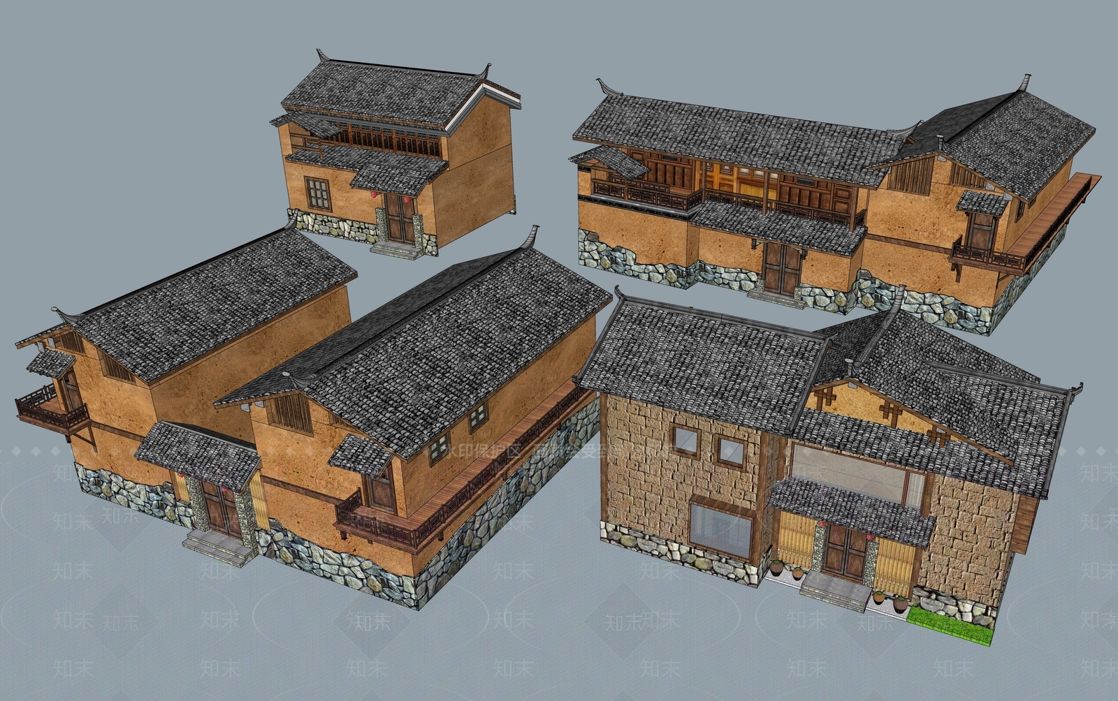 新中式民宿建筑SU模型下载【ID:1188094210】