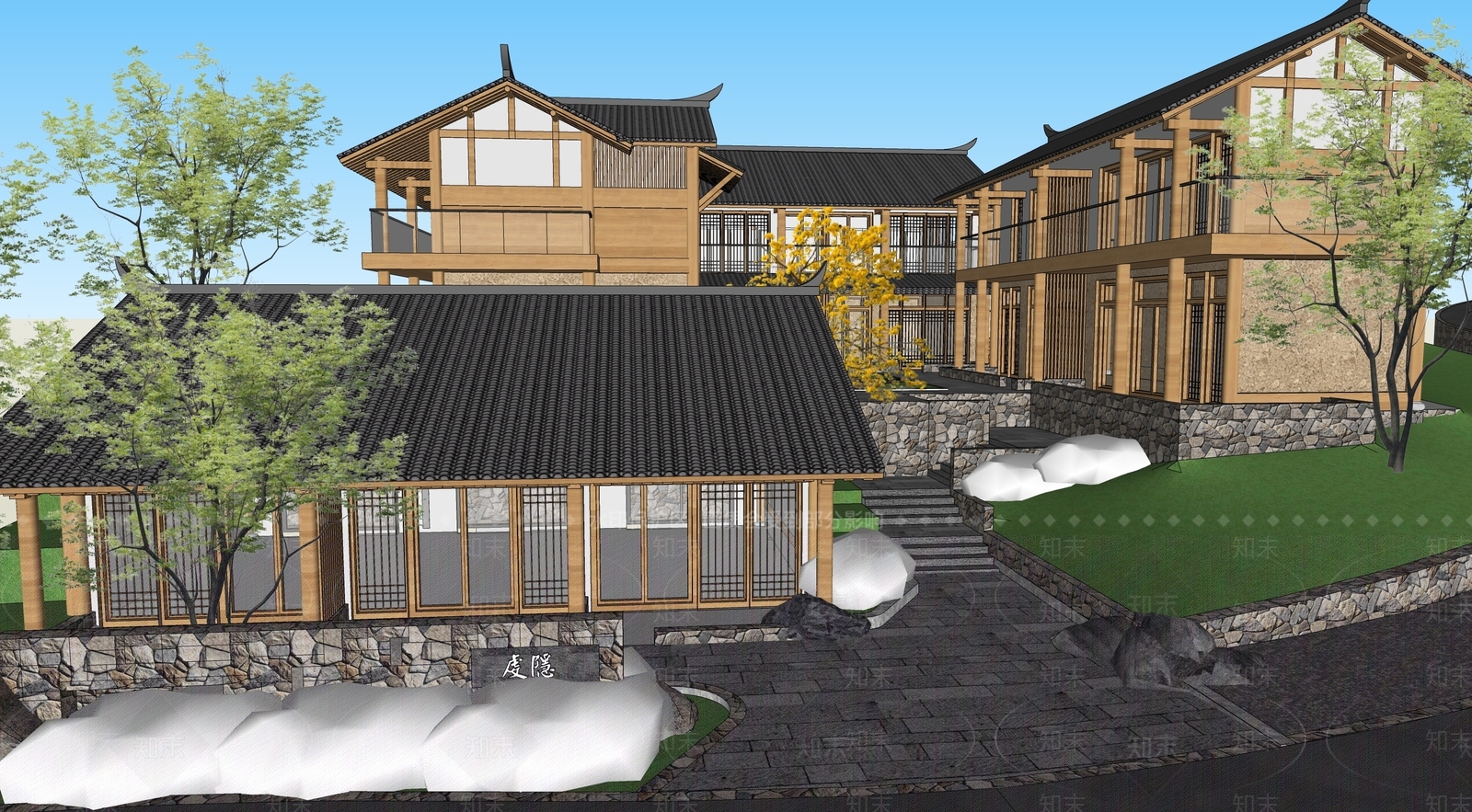 中式民宿建筑SU模型下载【ID:1188127426】