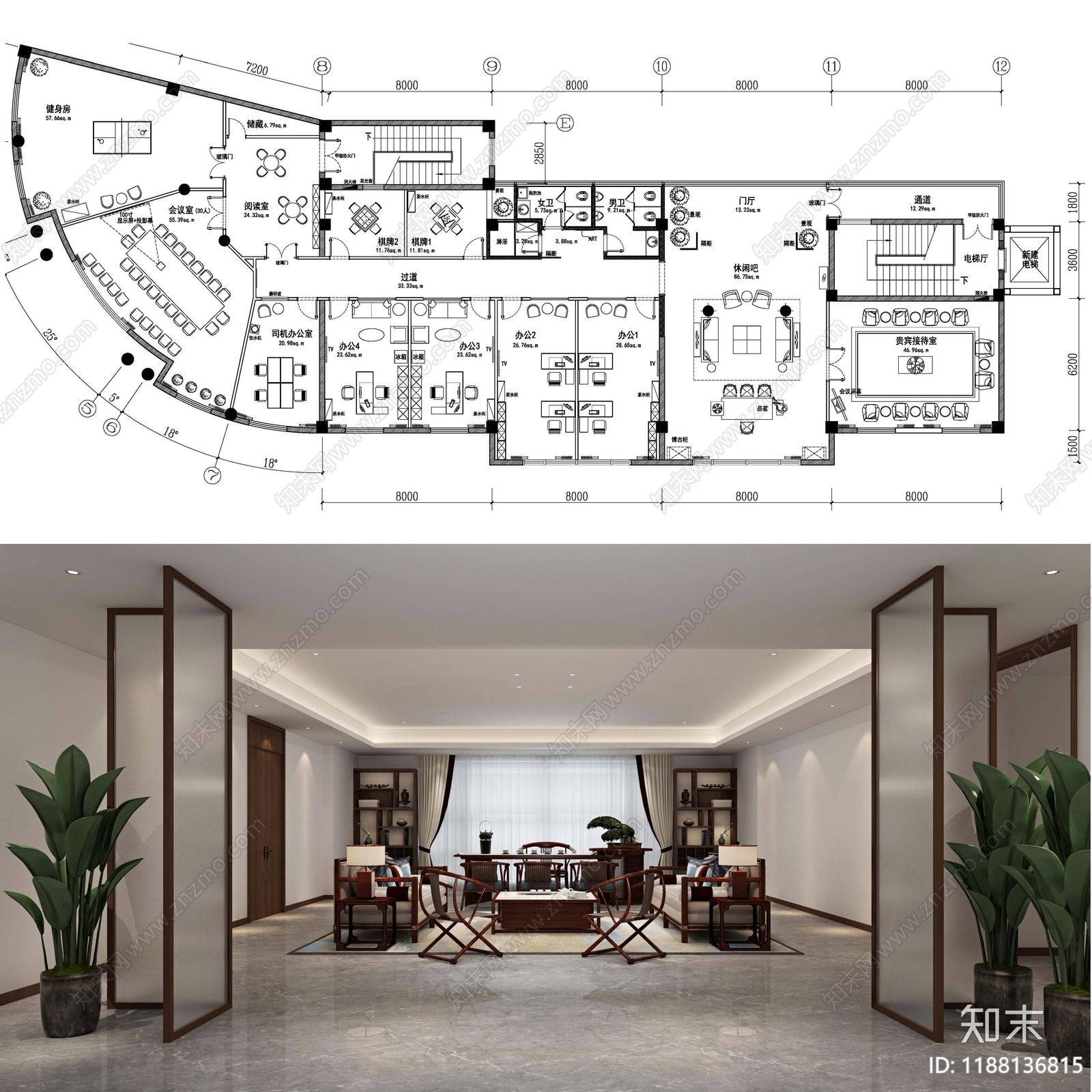 新中式独立办公室cad施工图下载【ID:1188136815】