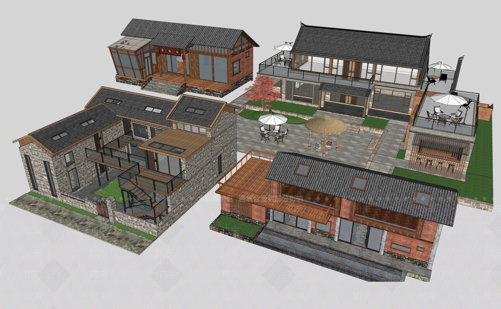 新中式民宿建筑SU模型下载【ID:1188141121】