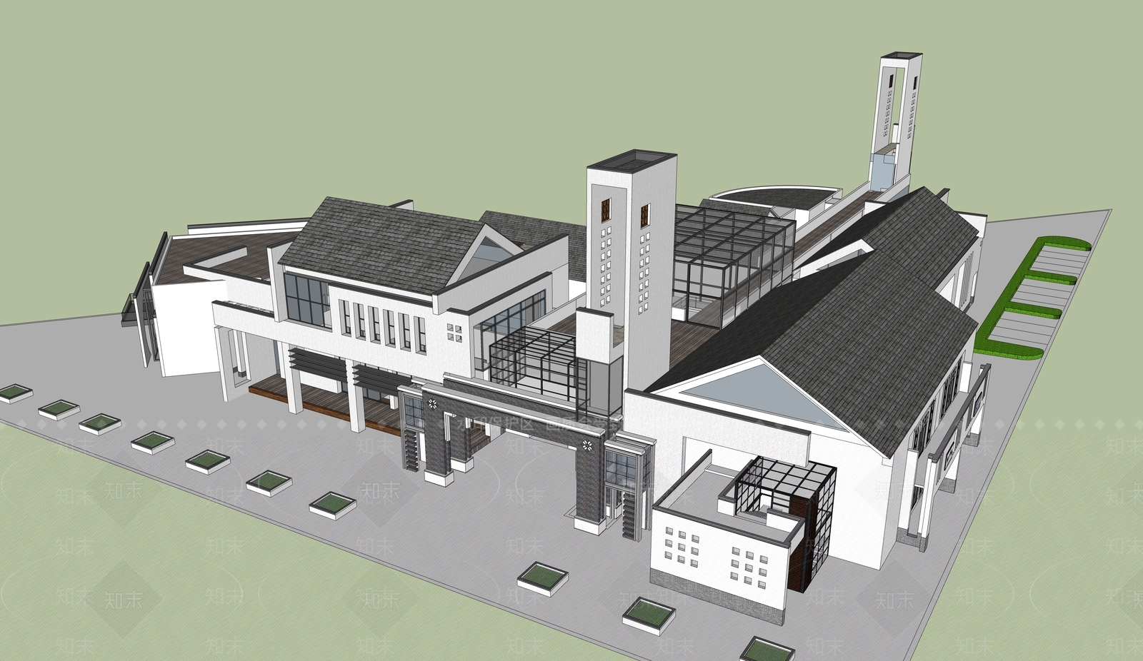 新中式民宿建筑SU模型下载【ID:1188146556】