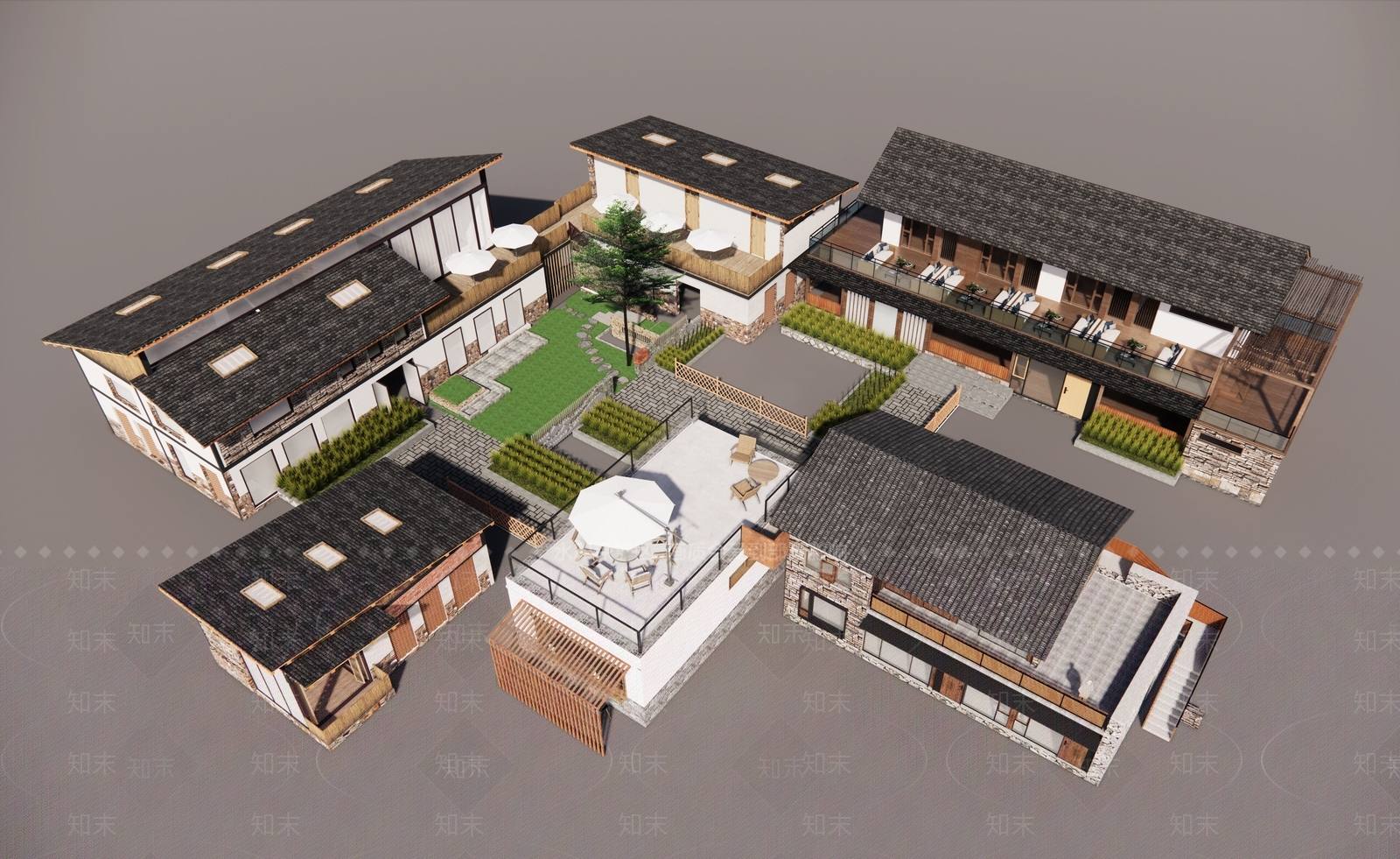 新中式民宿建筑SU模型下载【ID:1188154845】