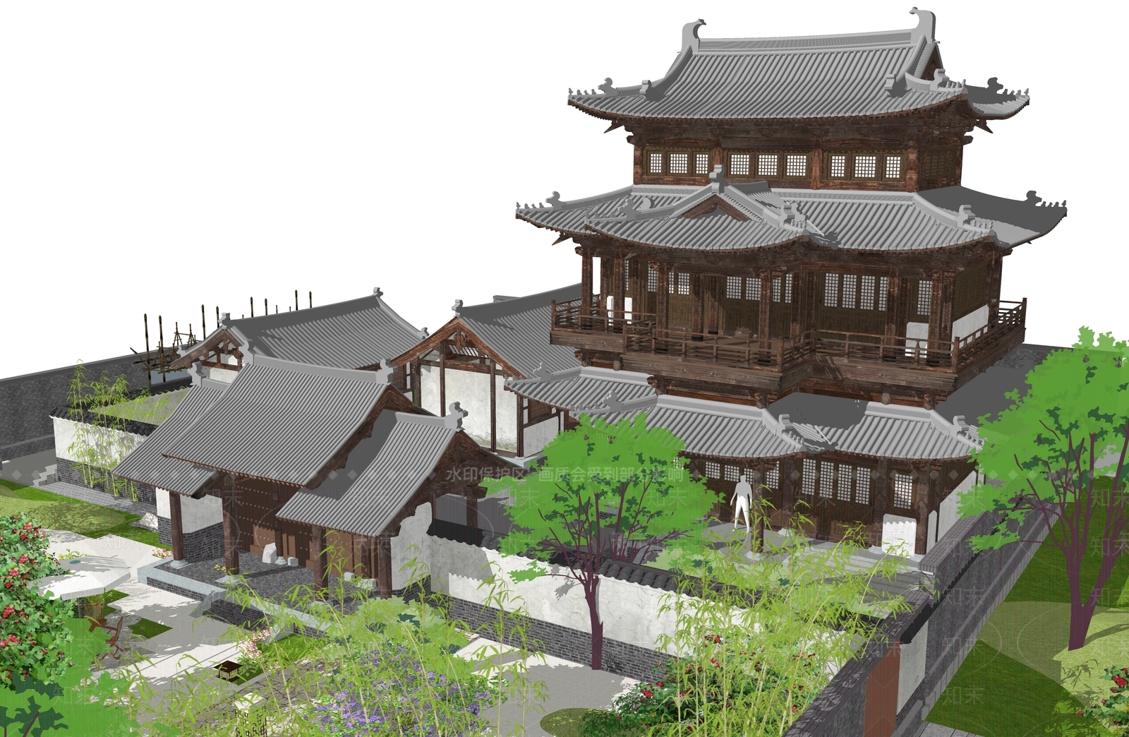 新中式中式古建筑SU模型下载【ID:1188154952】