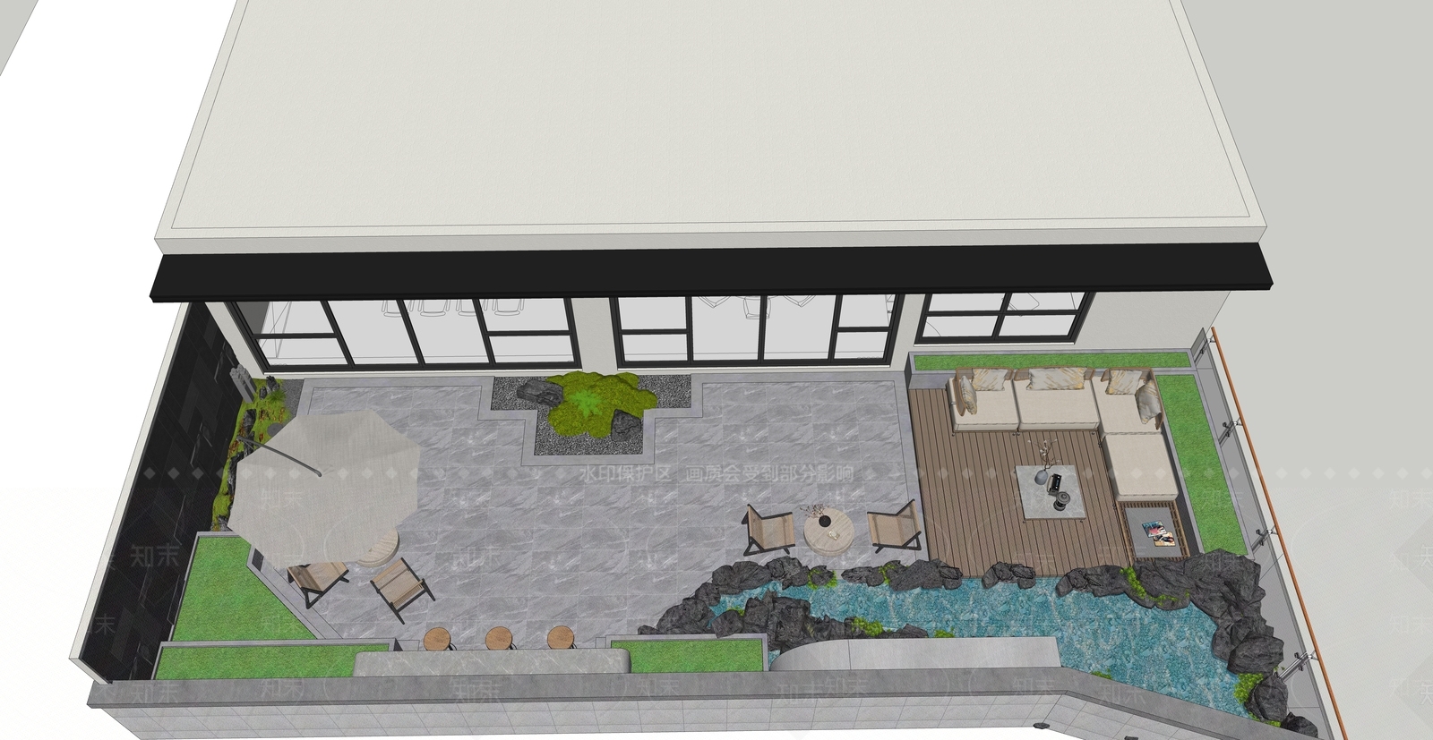 现代新中式屋顶花园SU模型下载【ID:1188155642】