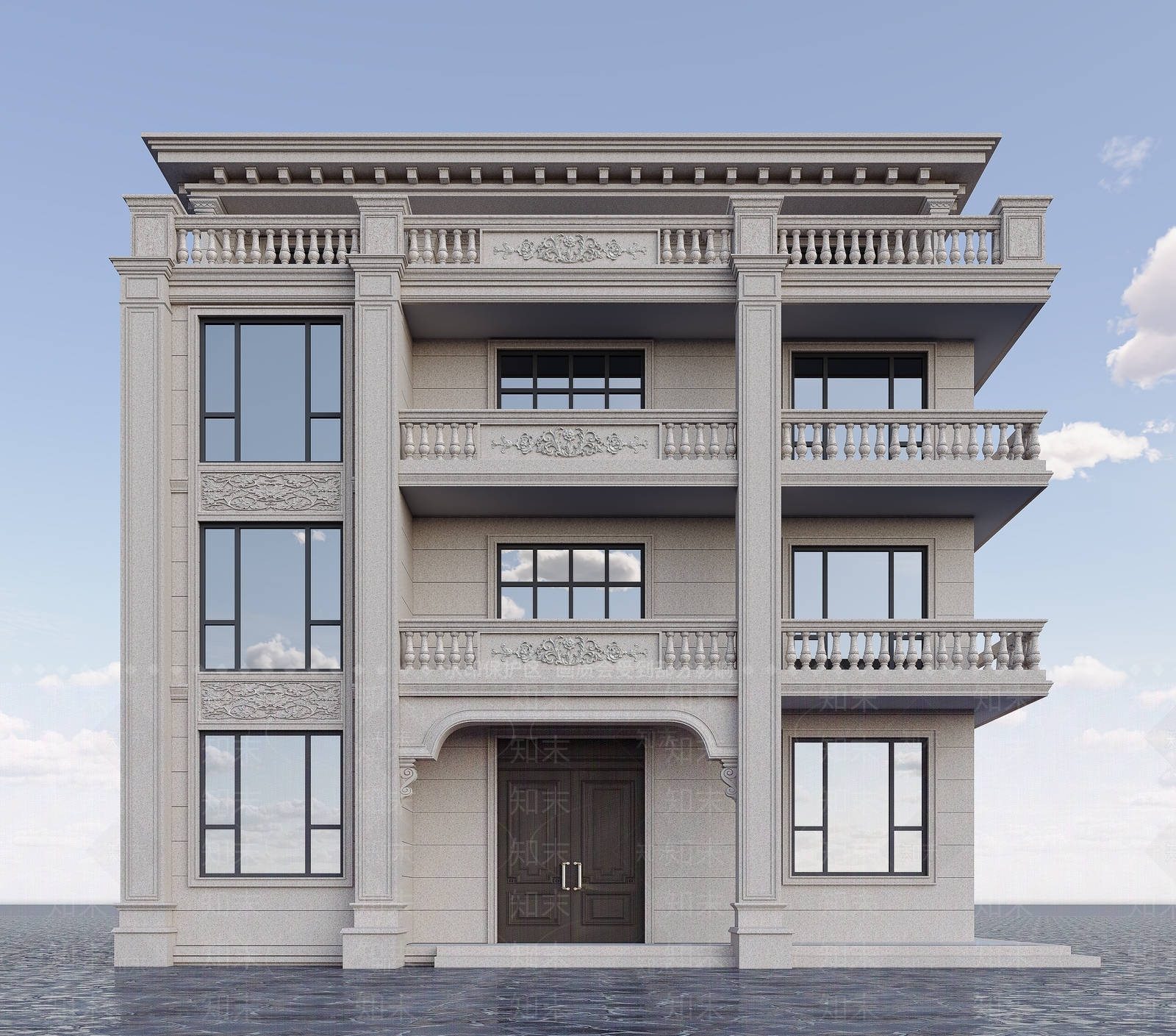 简欧欧式别墅外观3D模型下载【ID:1188176219】
