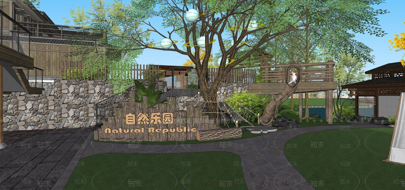 新中式儿童游乐区SU模型下载【ID:1188288712】
