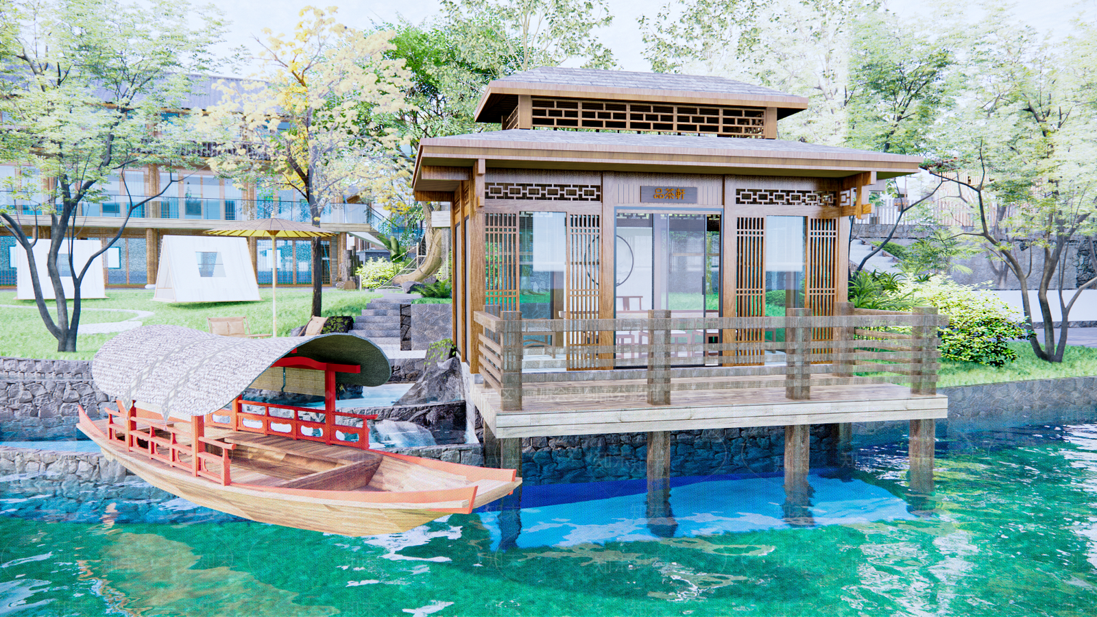 新中式滨水景观SU模型下载【ID:1188290676】