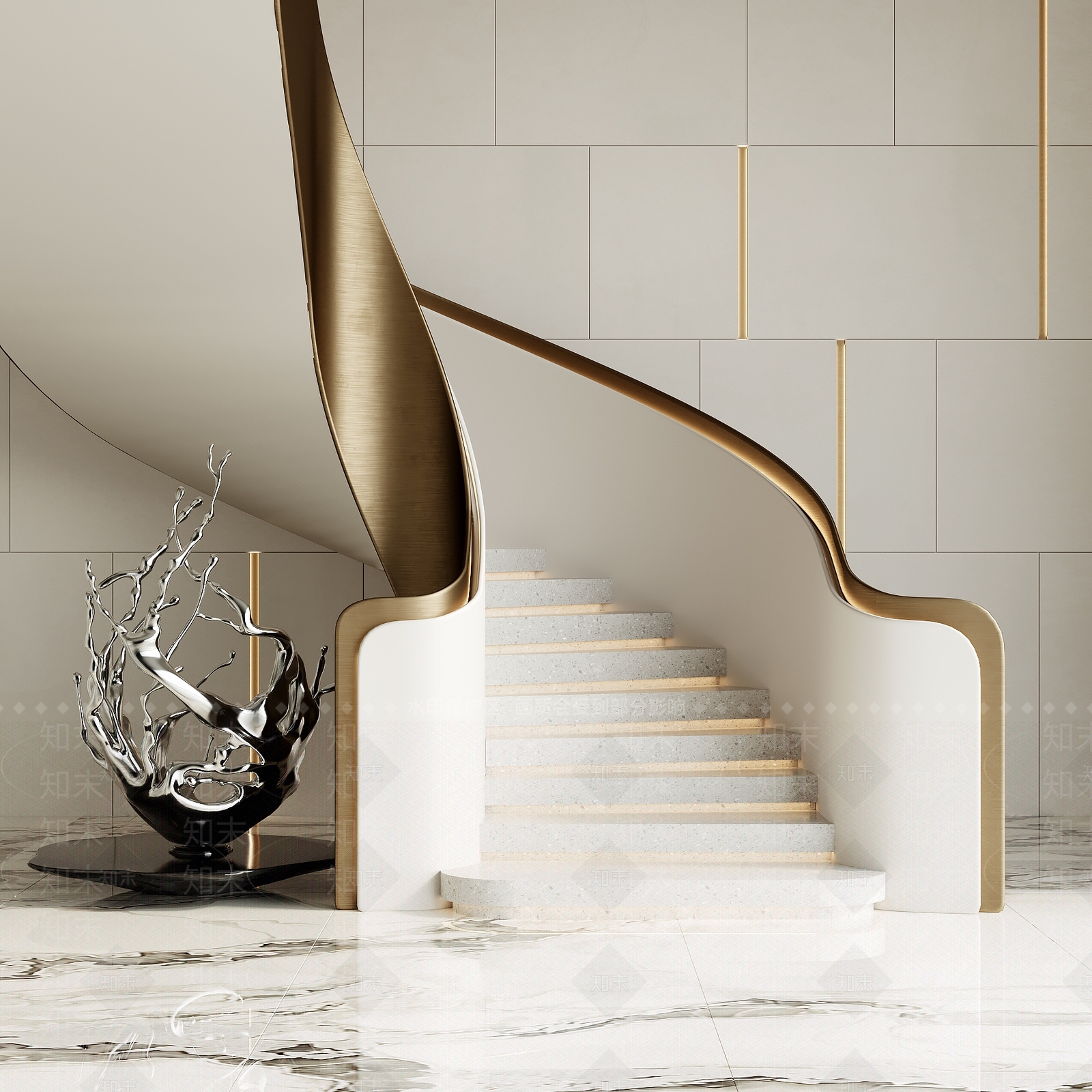 现代轻奢旋转楼梯SU模型下载【ID:1188313876】