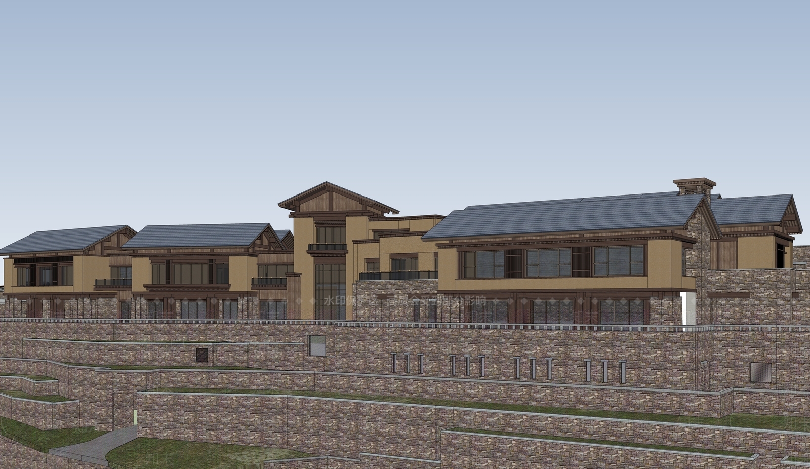新中式民宿建筑SU模型下载【ID:1188329168】