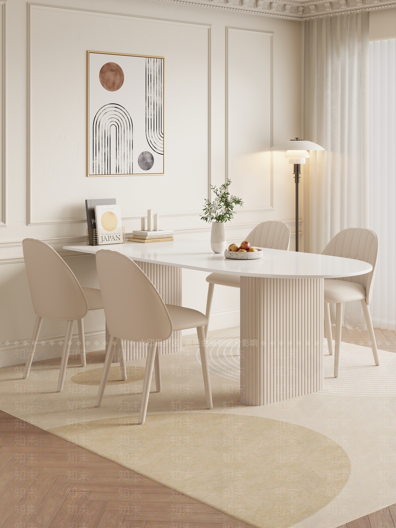 奶油简约餐桌椅3D模型下载【ID:1188339987】