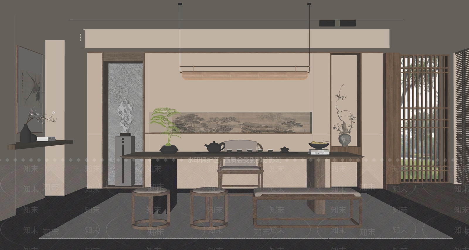 新中式禅意茶室SU模型下载【ID:1188341553】