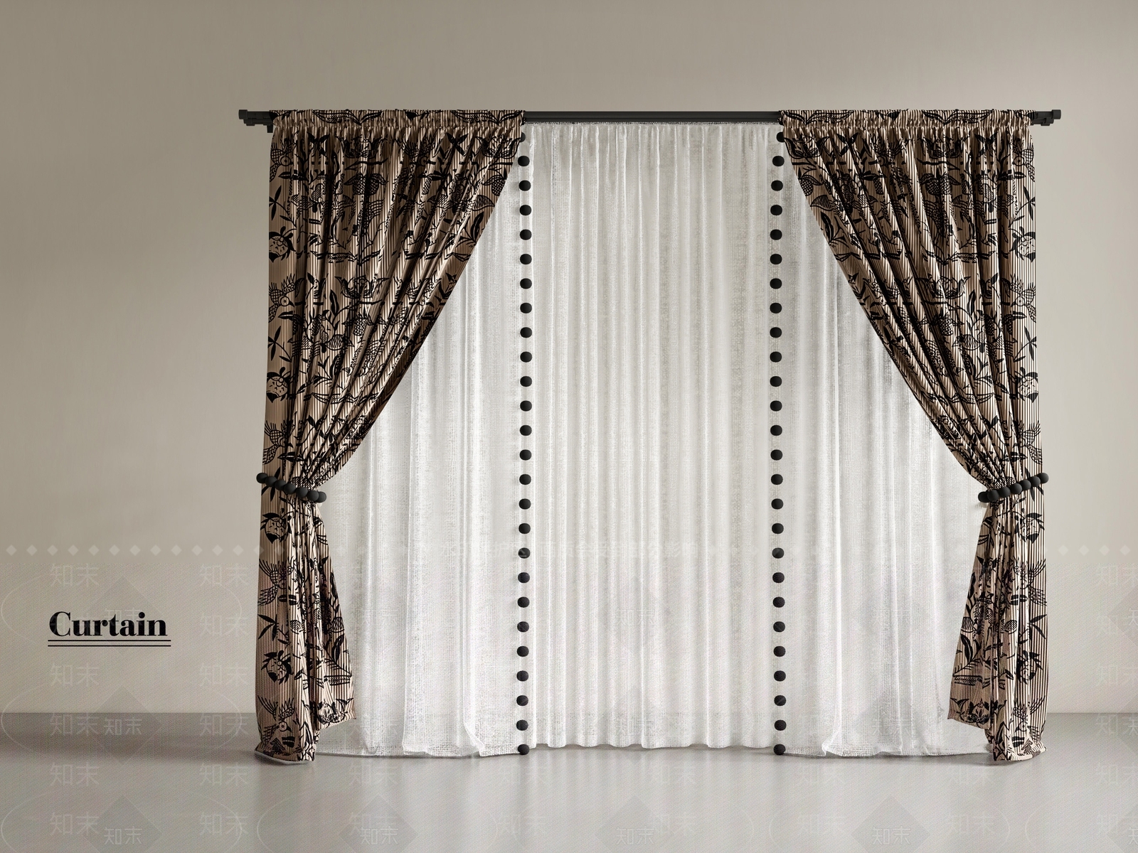 法式中古罗马杆窗帘3D模型下载【ID:1188350776】