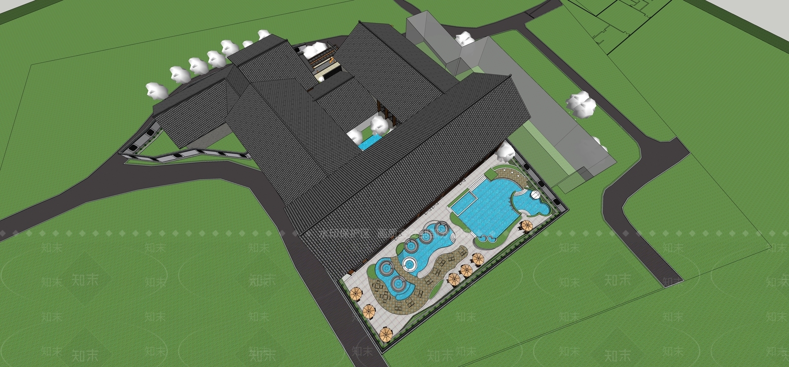 新中式中式民宿建筑SU模型下载【ID:1188357221】
