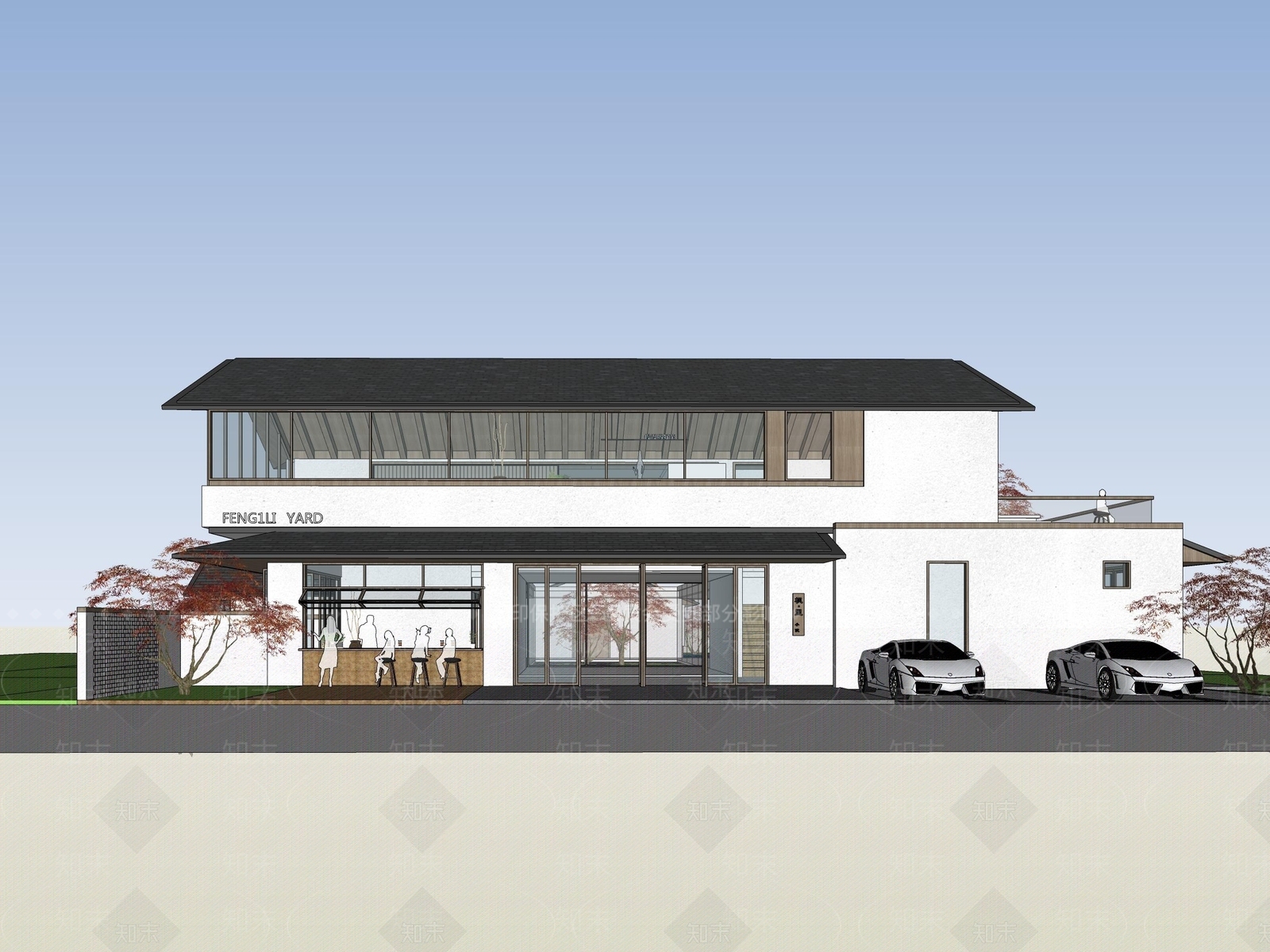 新中式现代餐饮建筑SU模型下载【ID:1188366766】