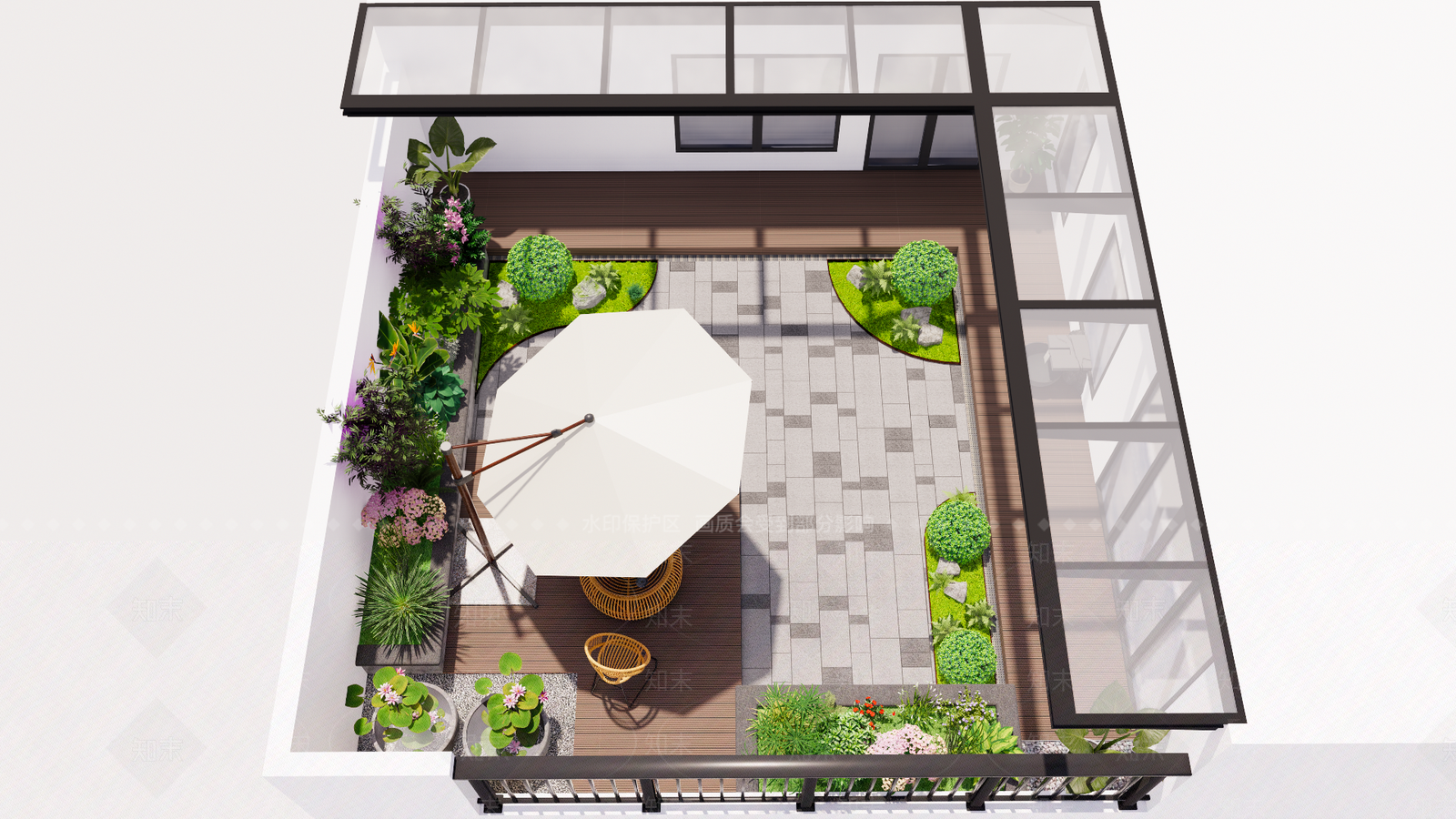 现代新中式屋顶花园SU模型下载【ID:1188386170】