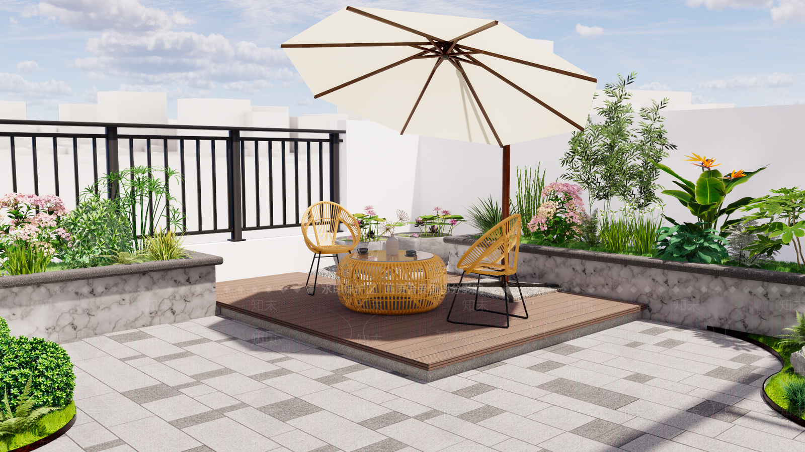 现代新中式屋顶花园SU模型下载【ID:1188386170】
