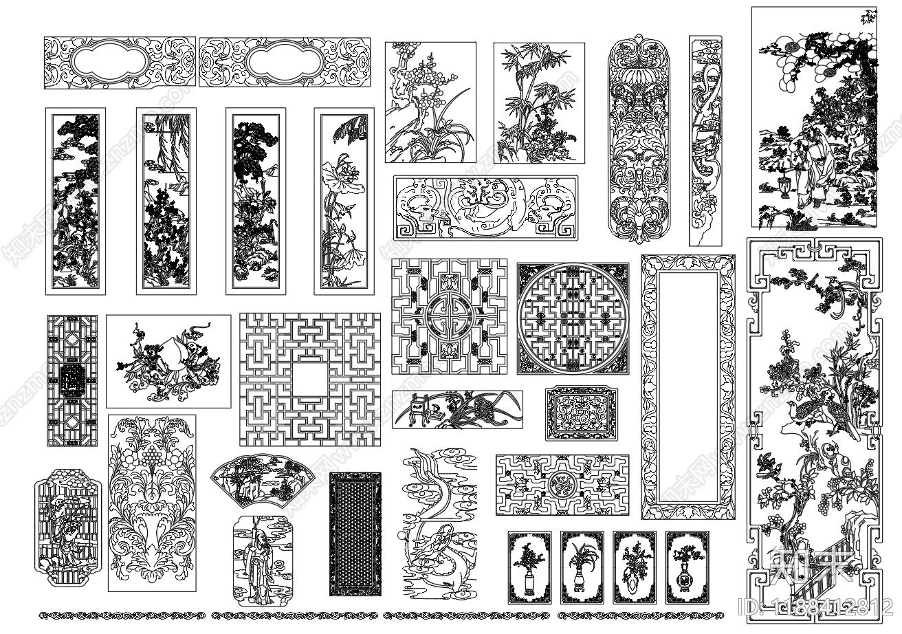 中式雕刻屏风花格梅菊竹兰施工图下载【ID:1188412812】