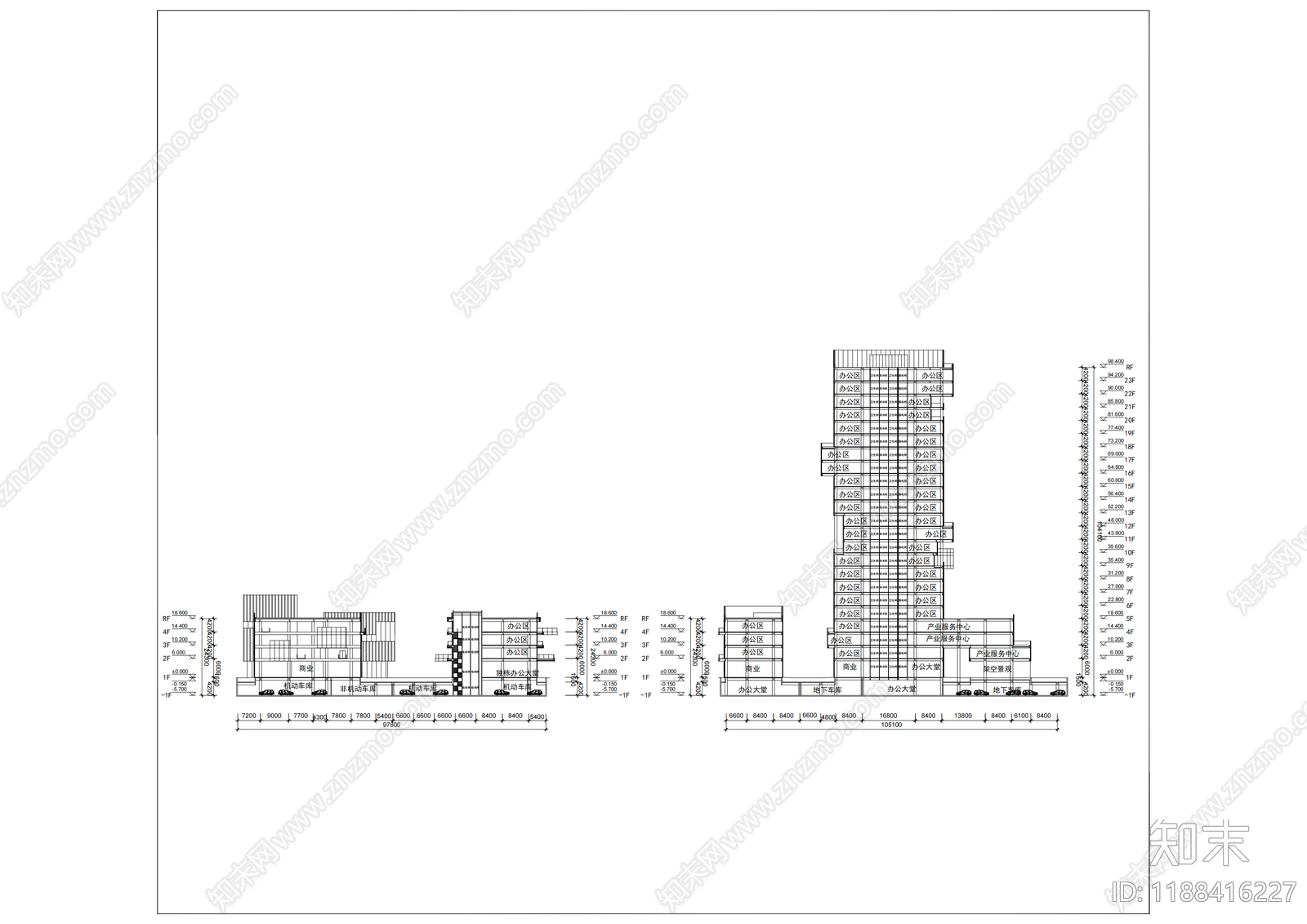 现代产业园建筑cad施工图下载【ID:1188416227】