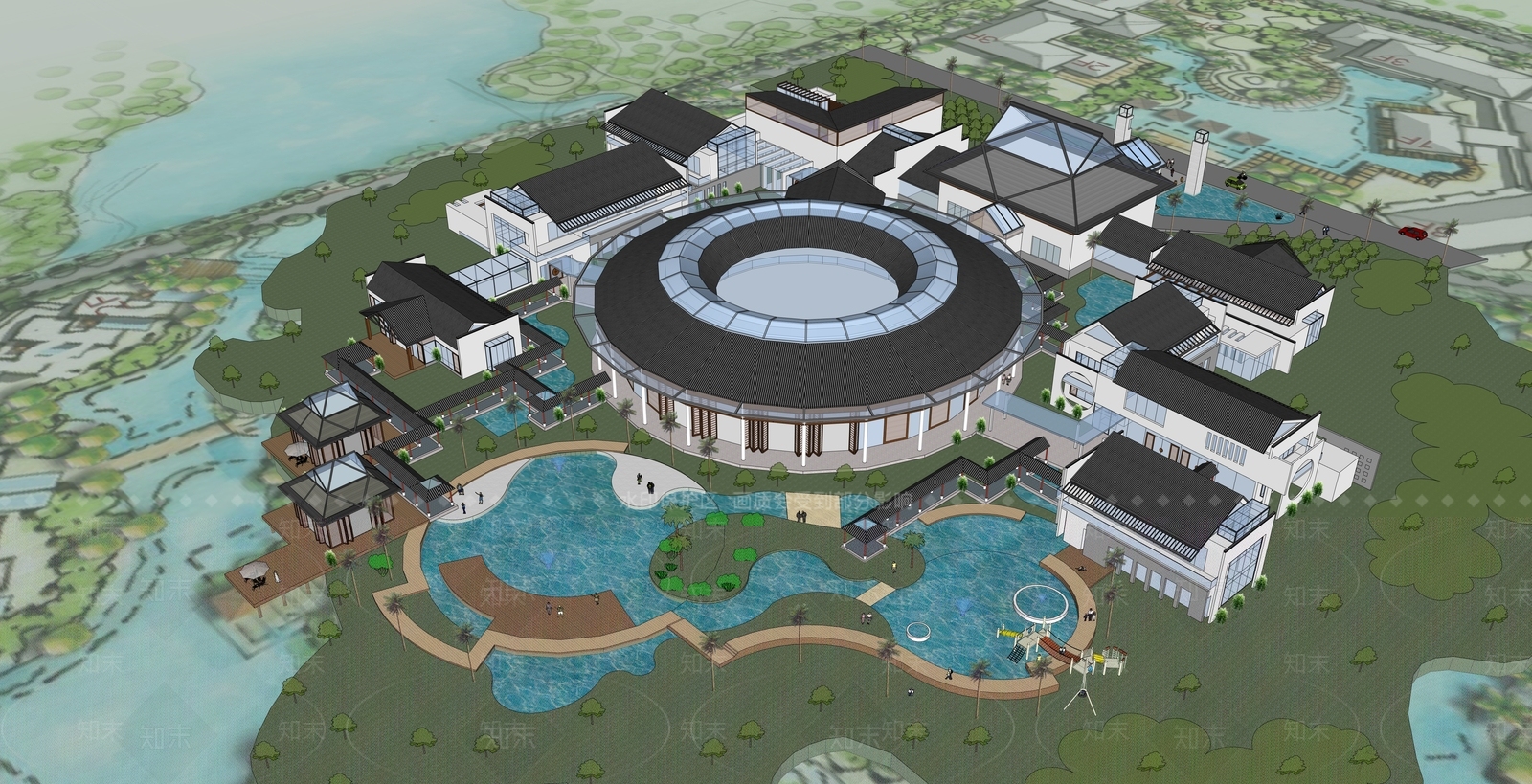 新中式中式酒店建筑SU模型下载【ID:1188424401】