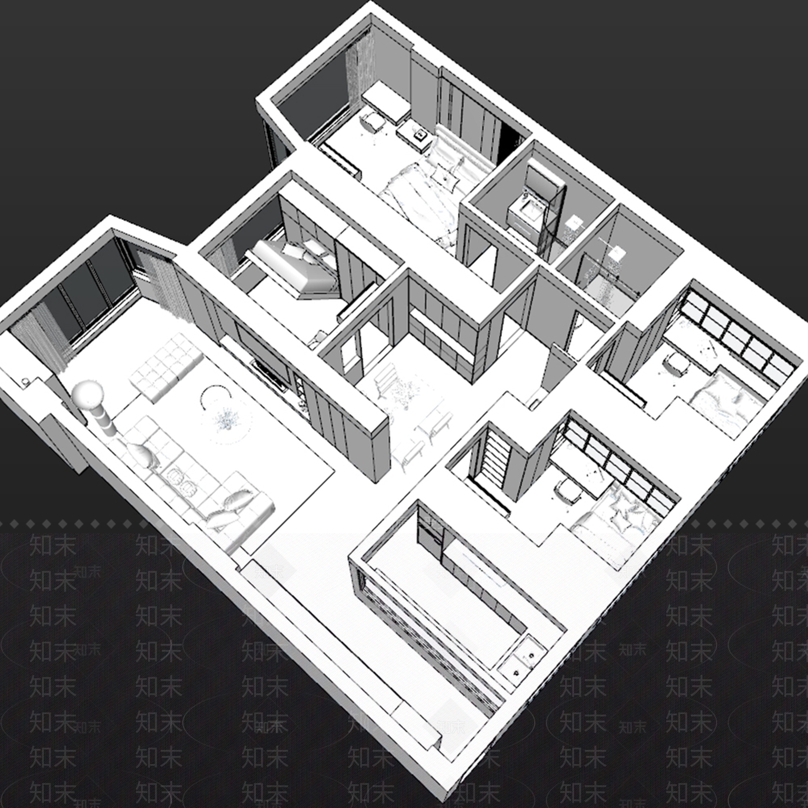 现代极简家装鸟瞰SU模型下载【ID:1188454781】