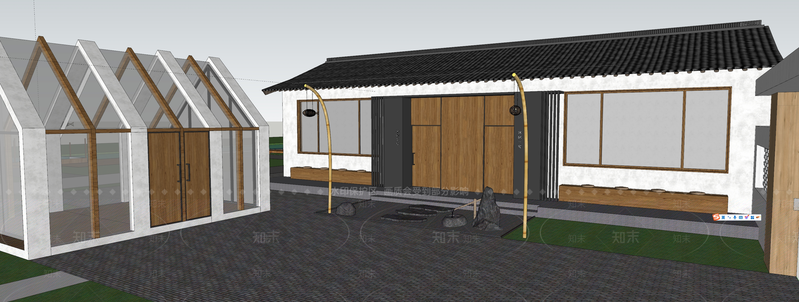 新中式禅意风格建筑SU模型下载【ID:1188516289】