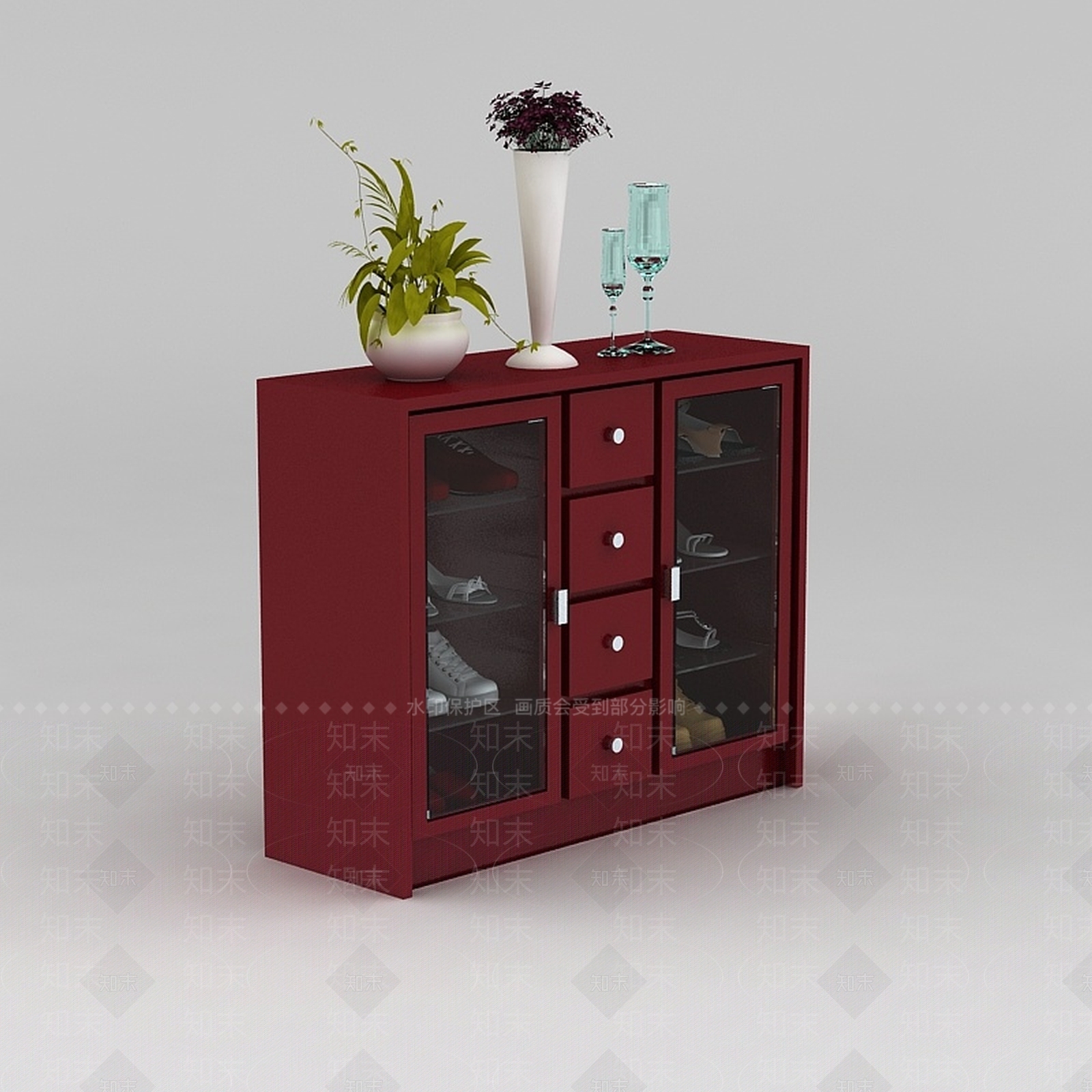 现代实木玻璃门玄关鞋柜3D模型下载【ID:1188543187】