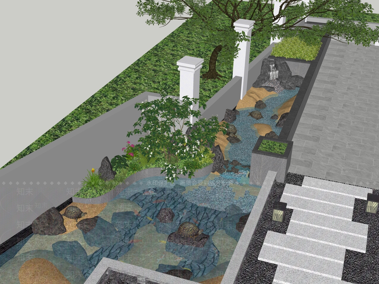 现代新中式别墅庭院SU模型下载【ID:1188552288】