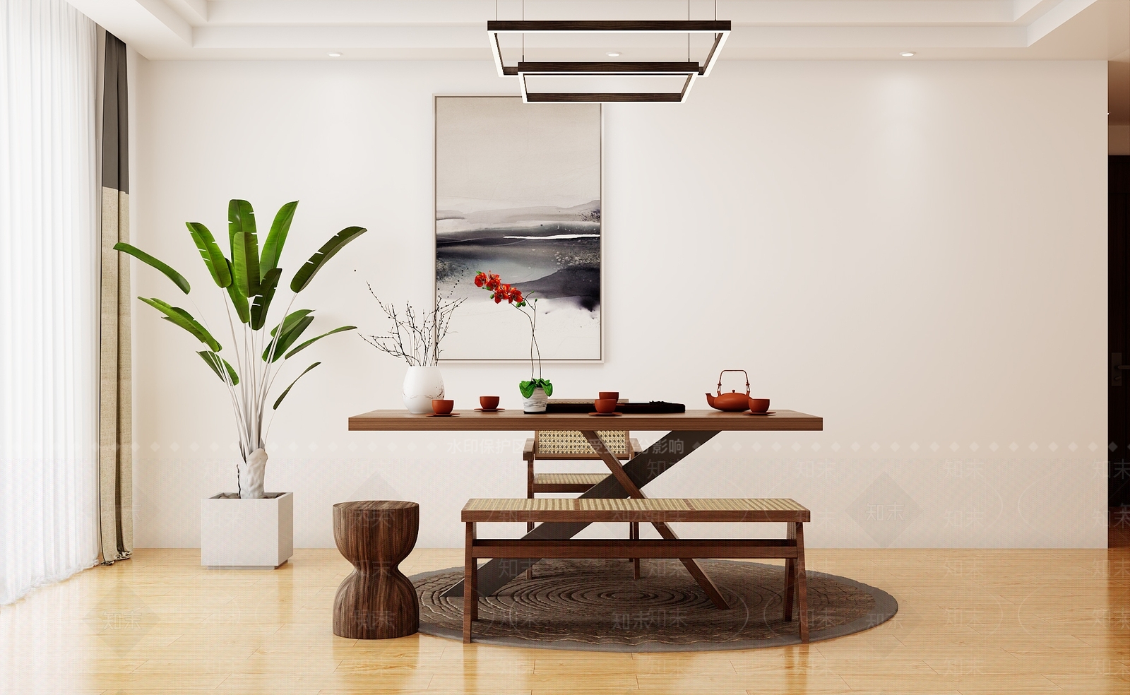 侘寂原木茶桌椅3D模型下载【ID:1188578556】
