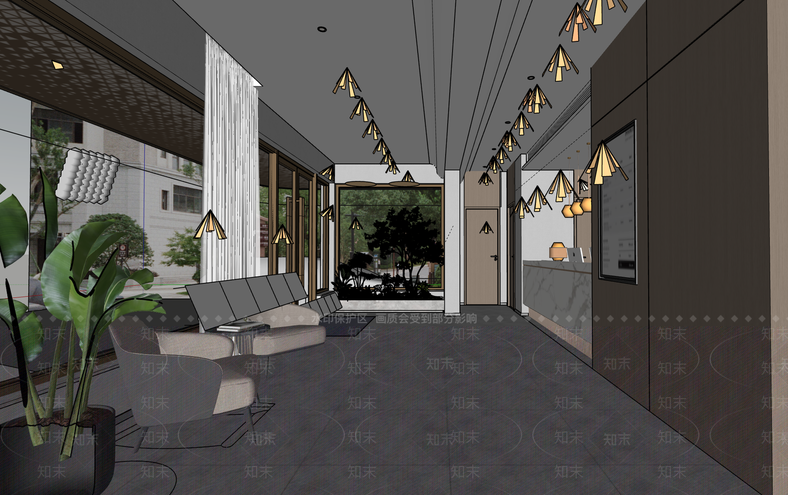 现代新中式酒店大堂SU模型下载【ID:1188584200】