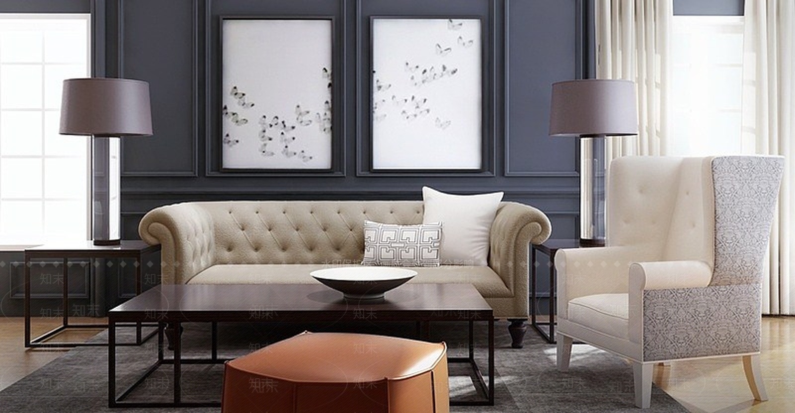 美式软包布艺沙发茶几组合3D模型下载【ID:1188655012】