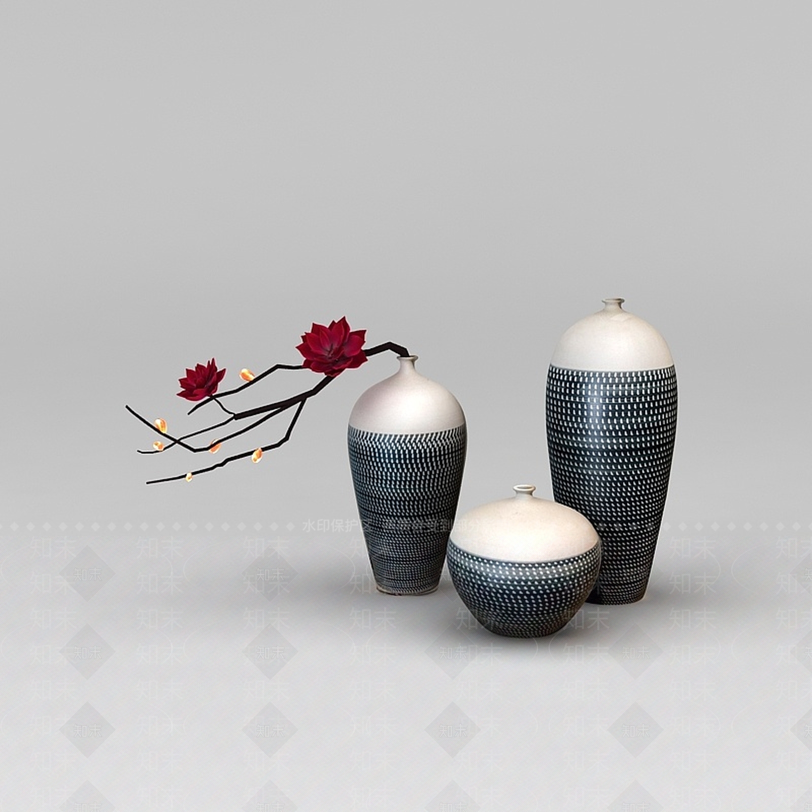 日式陶瓷印花艺术花瓶3D模型下载【ID:1188659239】