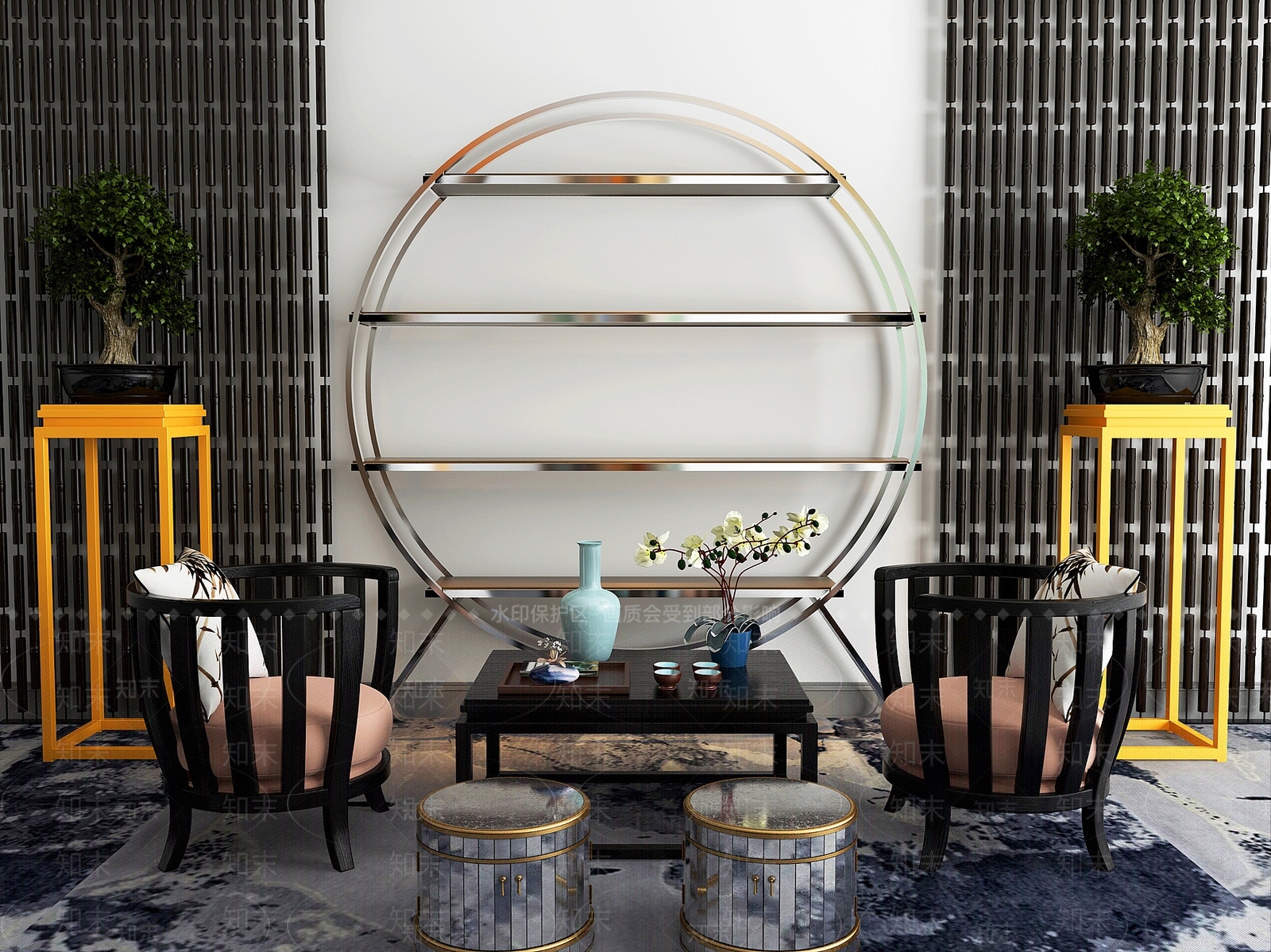 现代时尚黑色实木沙发茶几组合3D模型下载【ID:1188660169】