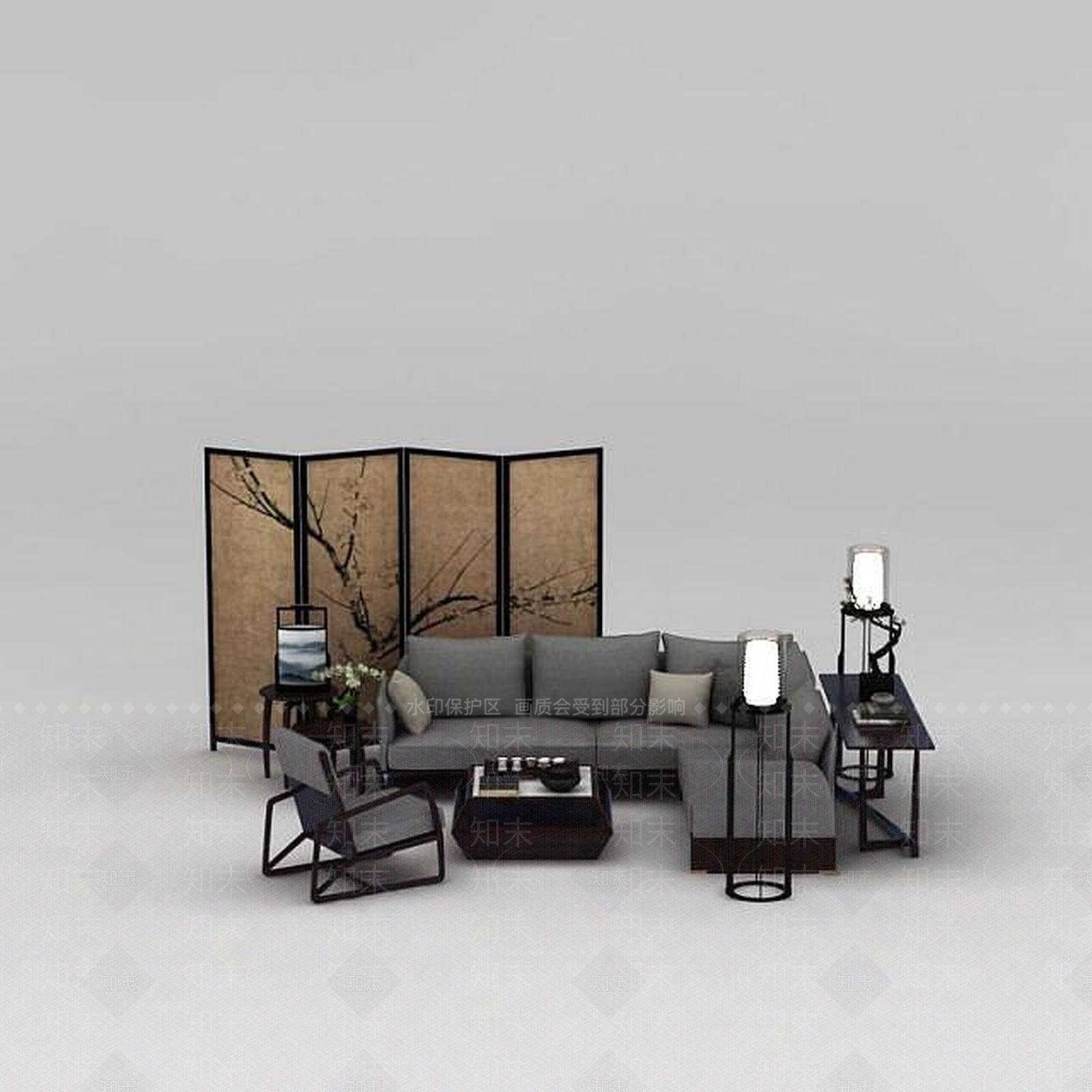 现代中式客厅沙发椅子组合3D模型下载【ID:1188661189】